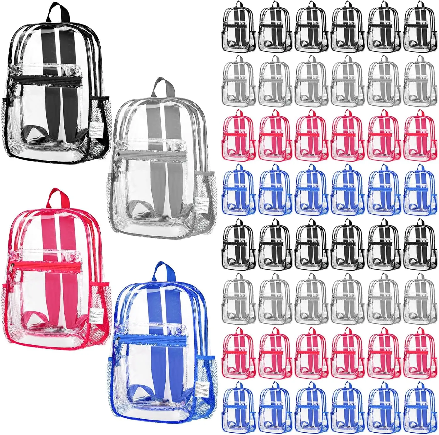 Silkfly 48 Pack Clear Backpacks Bulk PVC Transparent Bookbags Heavy Duty See Through Bags with Pockets for Stadium Work Travel (15 x 11 x 3.6 Inches)