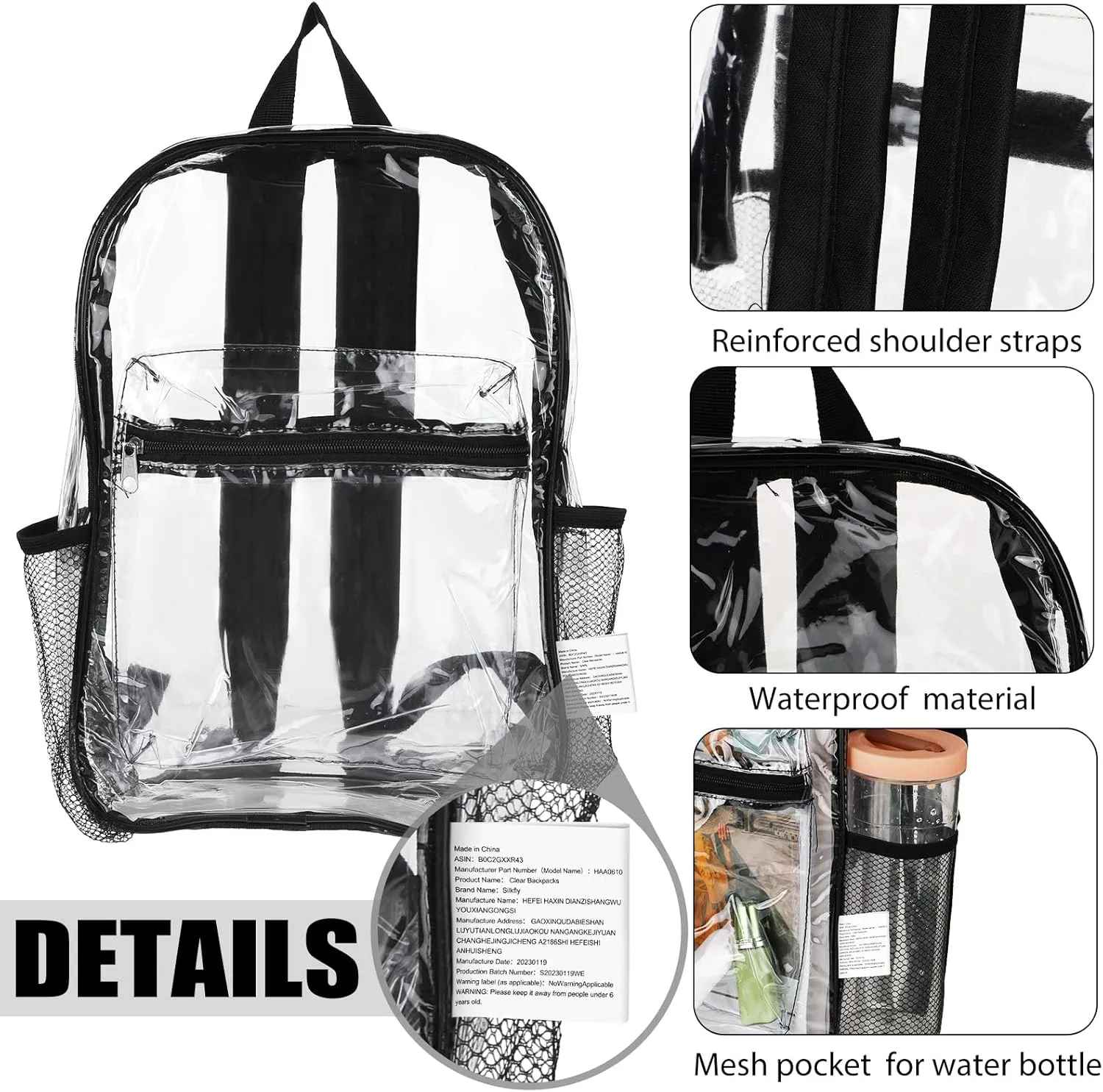 Silkfly 48 Pack Clear Backpacks Bulk PVC Transparent Bookbags Heavy Duty See Through Bags with Pockets for Stadium Work Travel (15 x 11 x 3.6 Inches)