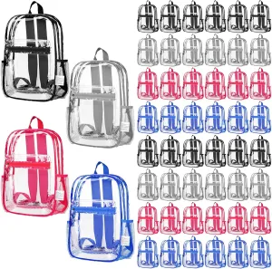 Silkfly 48 Pack Clear Backpacks Bulk PVC Transparent Bookbags Heavy Duty See Through Bags with Pockets for Stadium Work Travel (15 x 11 x 3.6 Inches)