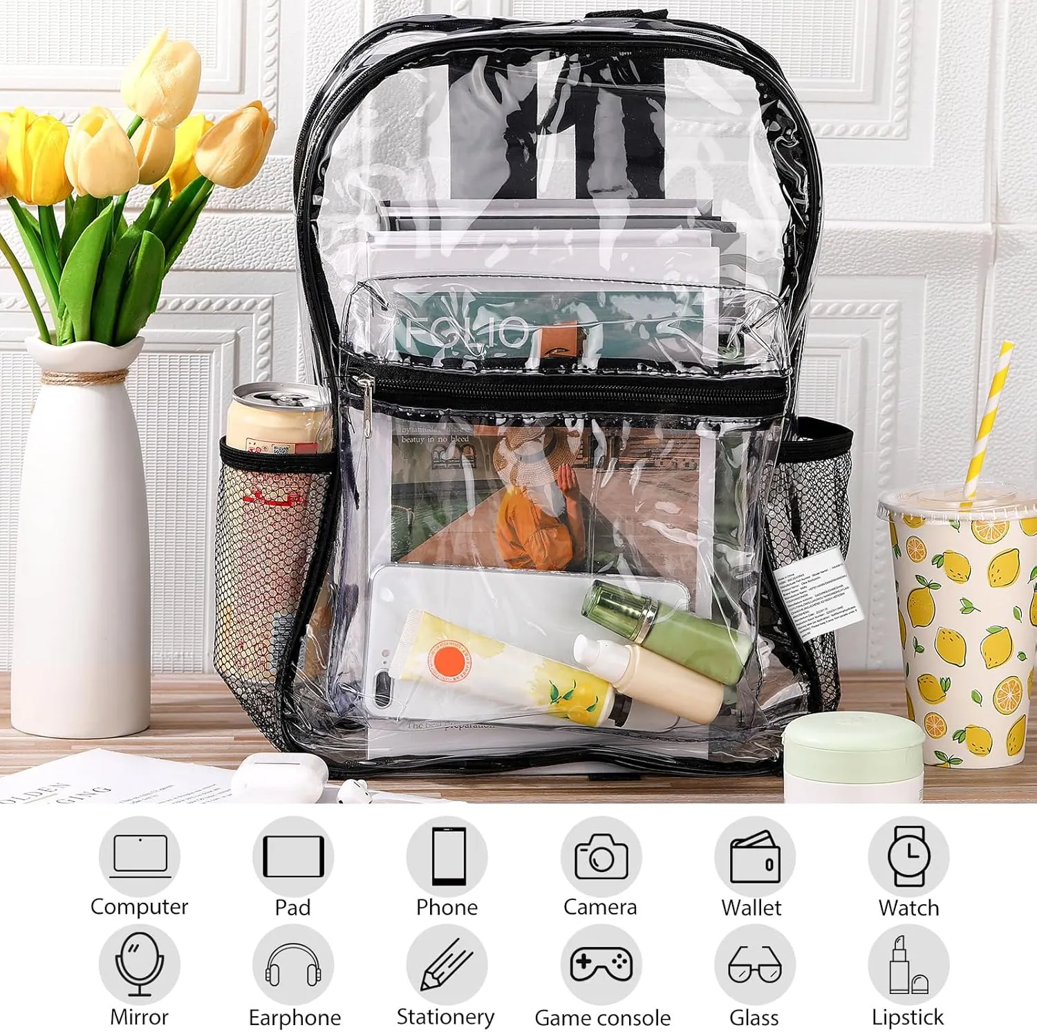Silkfly 48 Pack Clear Backpacks Bulk PVC Transparent Bookbags Heavy Duty See Through Bags with Pockets for Stadium Work Travel (15 x 11 x 3.6 Inches)