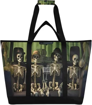 Skeleton Insulated Cooler Bag with Zipper & Pocket, Foldable Grocery Bags Leak Proof Reusable Lunch Bags Portable Travel Tote Bag for Food Delivery, Shopping, Beach or Picnic