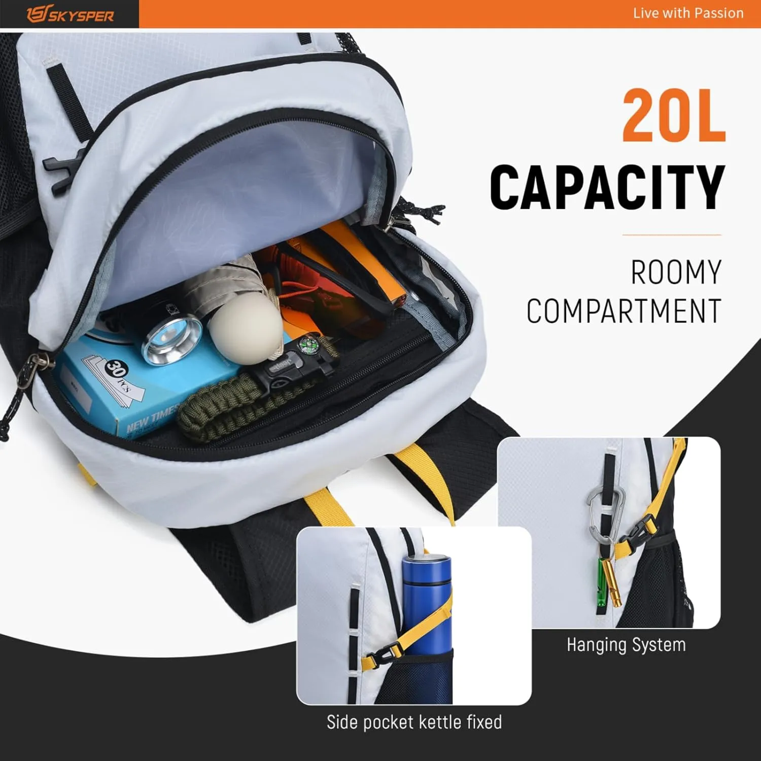 SKYSPER Lightweight Hiking Backpack - 20L Small Travel Backpack Packable Back Packs Water Resistant Hiking Backpacks for Women Men(Blackwhite)