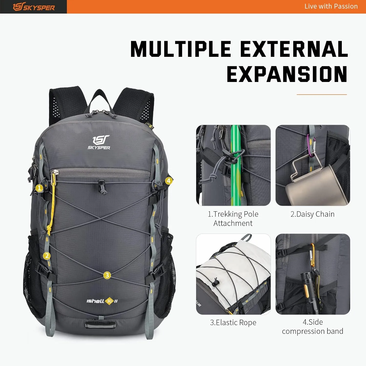 SKYSPER Packable Hiking Backpack 30L Lightweight Daypack Travel Backpacks for Women Men（Darkgrey）