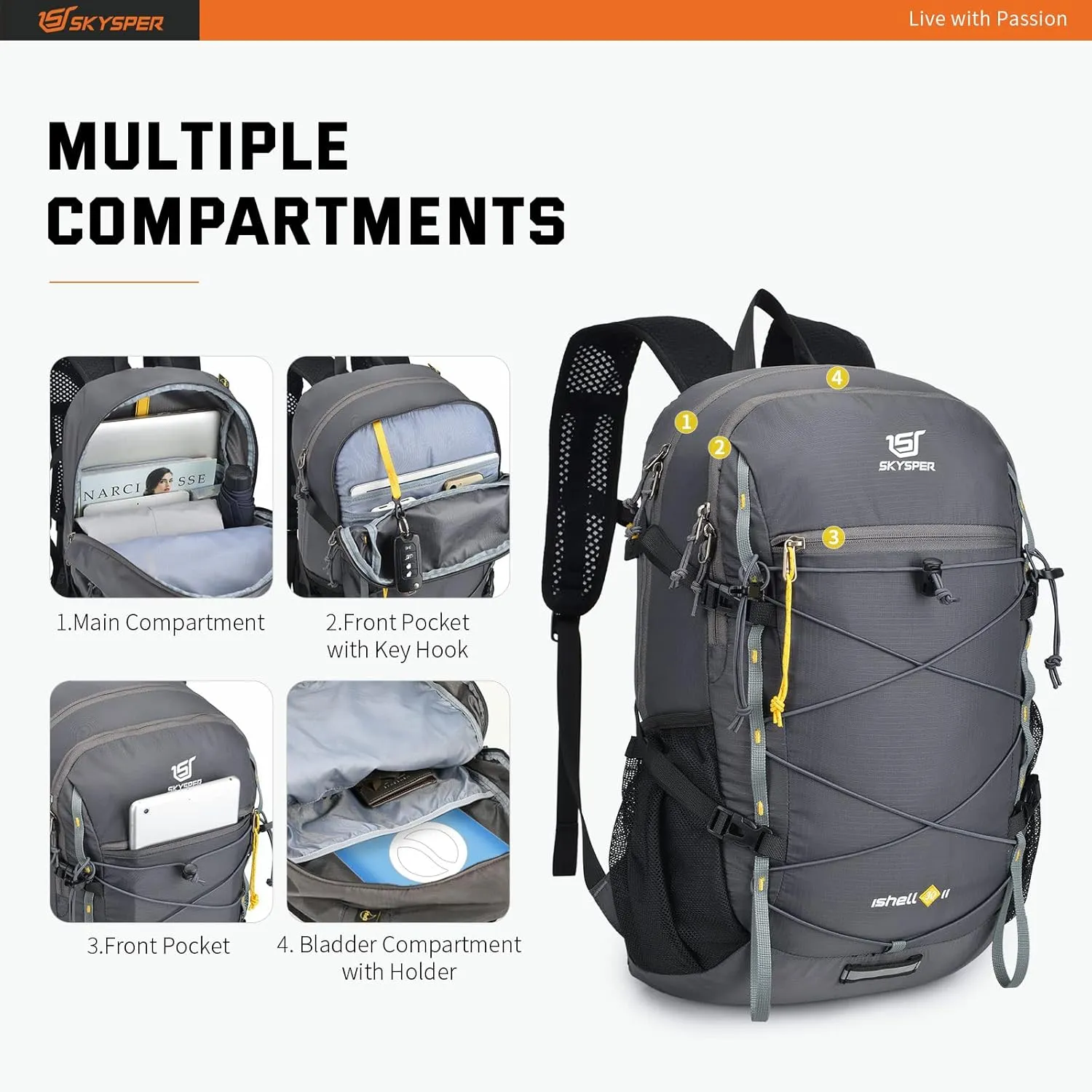 SKYSPER Packable Hiking Backpack 30L Lightweight Daypack Travel Backpacks for Women Men（Darkgrey）
