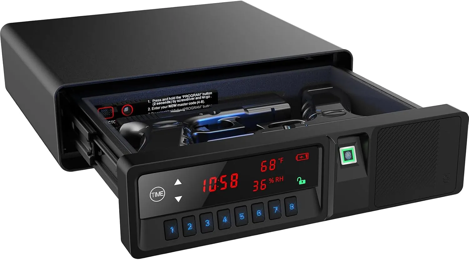 Slide-Away Pistol Handgun Quick Access Gun Safe with LCD Display of Temp,Humidity,Time,Low Battery Warning,Unlock State,Drawer Safe for Nightstand Bedside Home