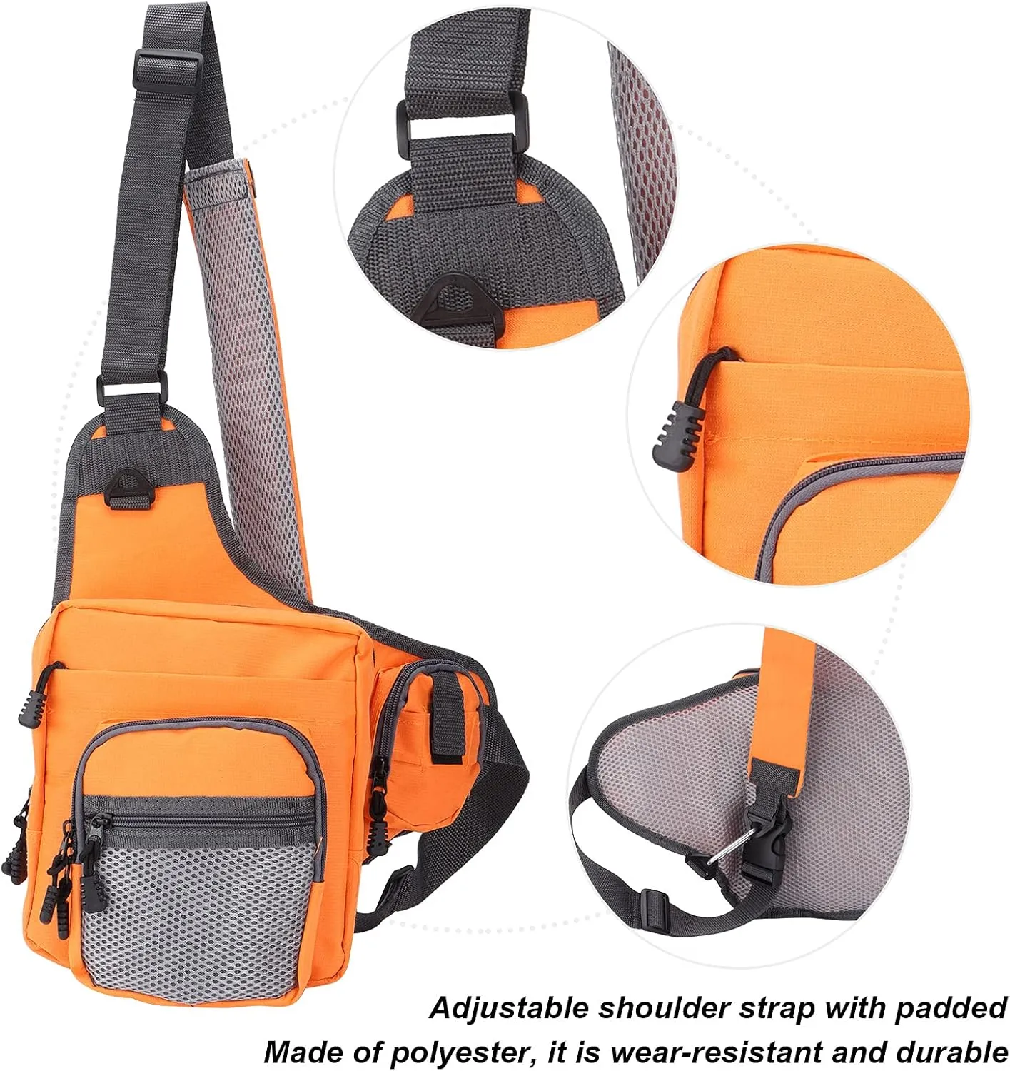 Sling Fishing Tackle Bag, Fishing Tackle Crossbody Bag, Fly Fishing Sling Pack Polyester Sling Carry Pack Fishing Waist Pack with Adjustable Shoulder Straps(Orange)