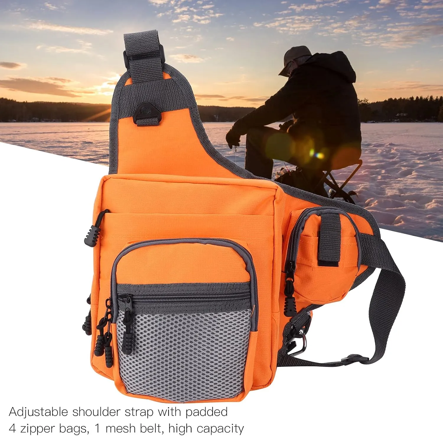 Sling Fishing Tackle Bag, Fishing Tackle Crossbody Bag, Fly Fishing Sling Pack Polyester Sling Carry Pack Fishing Waist Pack with Adjustable Shoulder Straps(Orange)