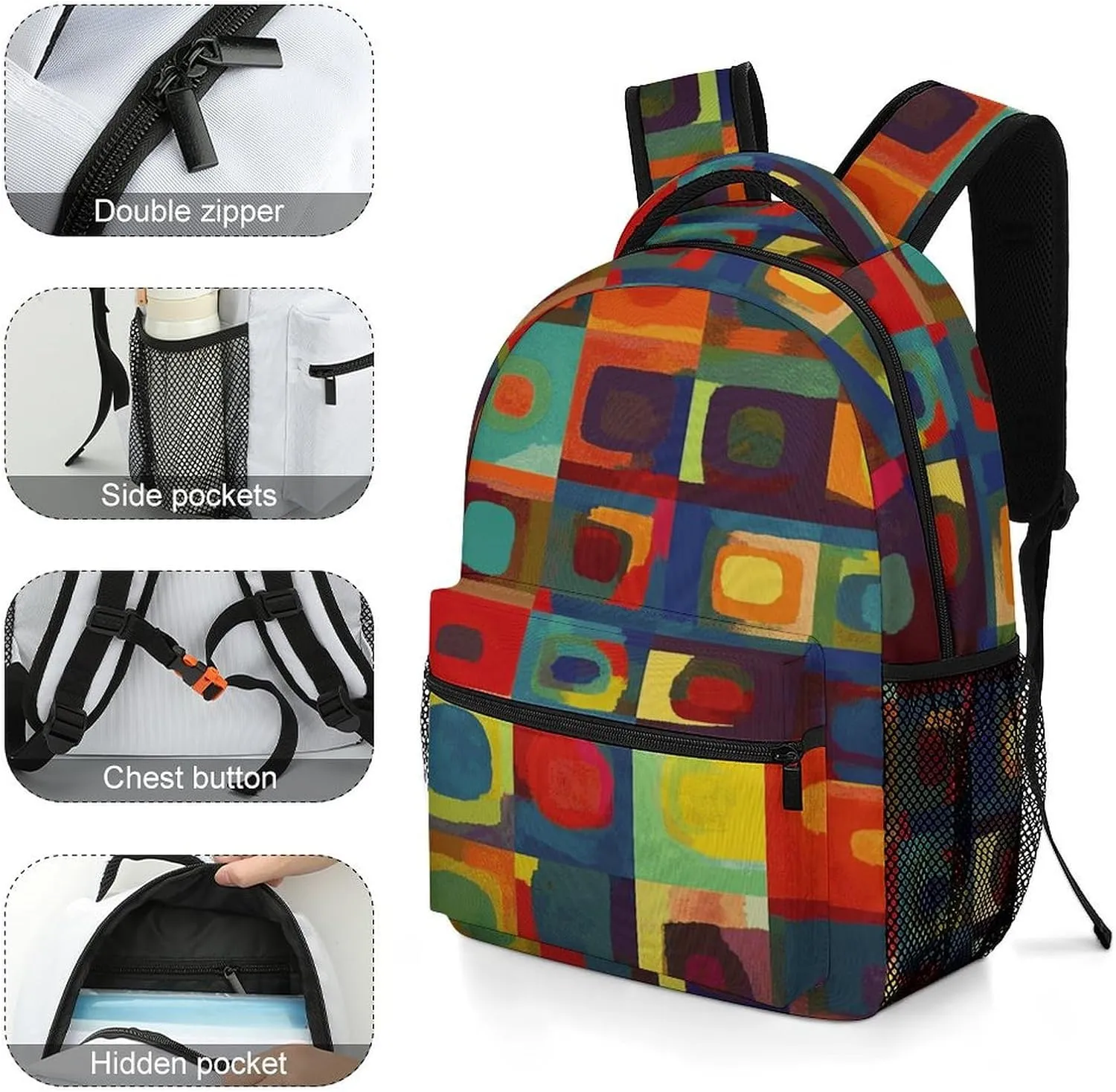 Small Backpacks Personalized Abstract Art Squares Printing Travel Bag Lightweight Travel Backpack For Women Men