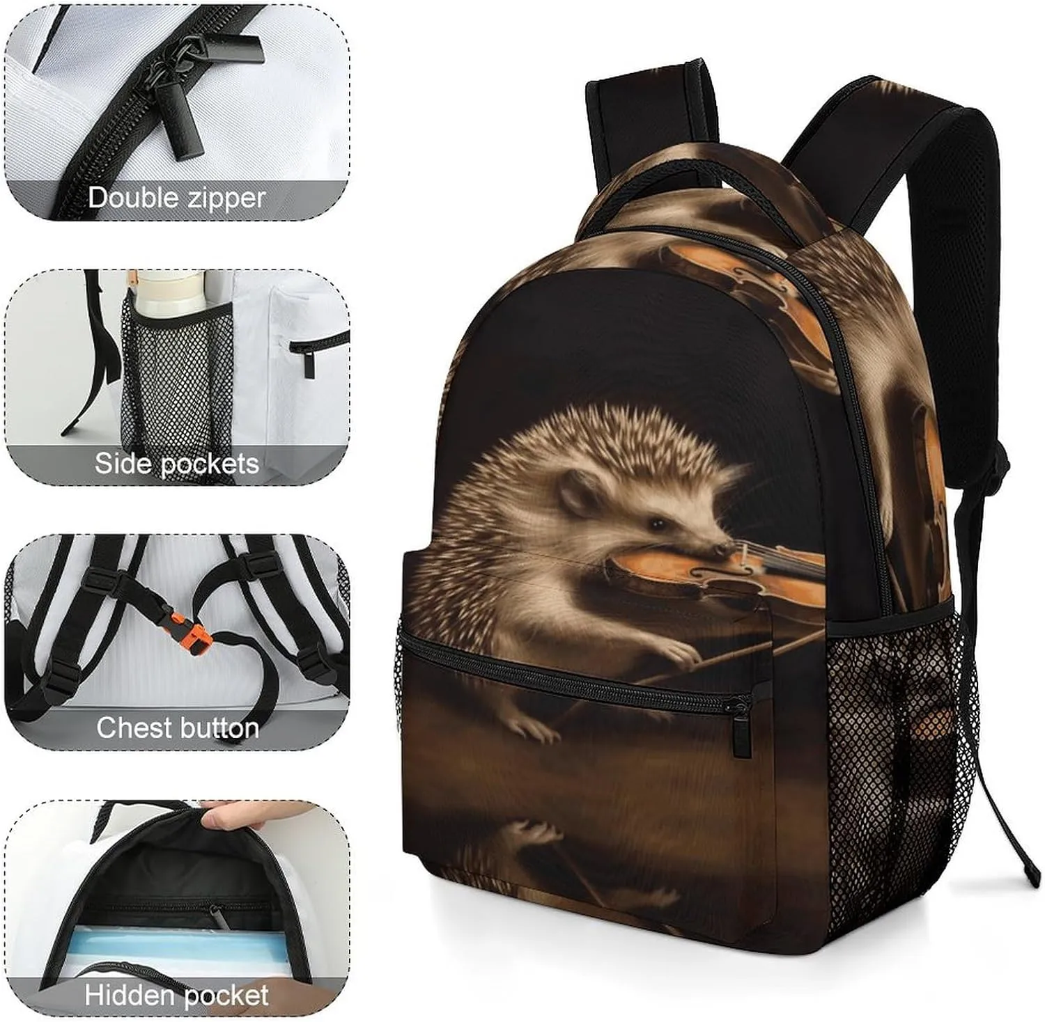 Small Backpacks Personalized Animal Hedgehog Music Violin Printing Travel Bag Lightweight Travel Backpack For Women Men