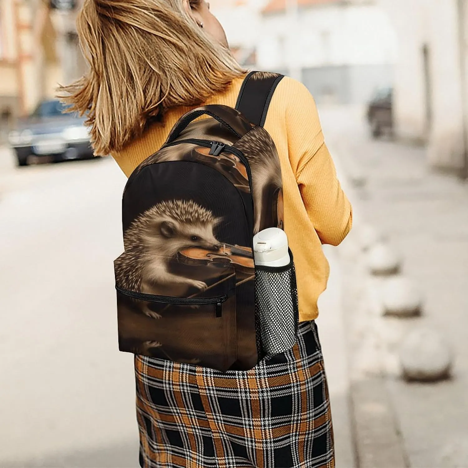 Small Backpacks Personalized Animal Hedgehog Music Violin Printing Travel Bag Lightweight Travel Backpack For Women Men