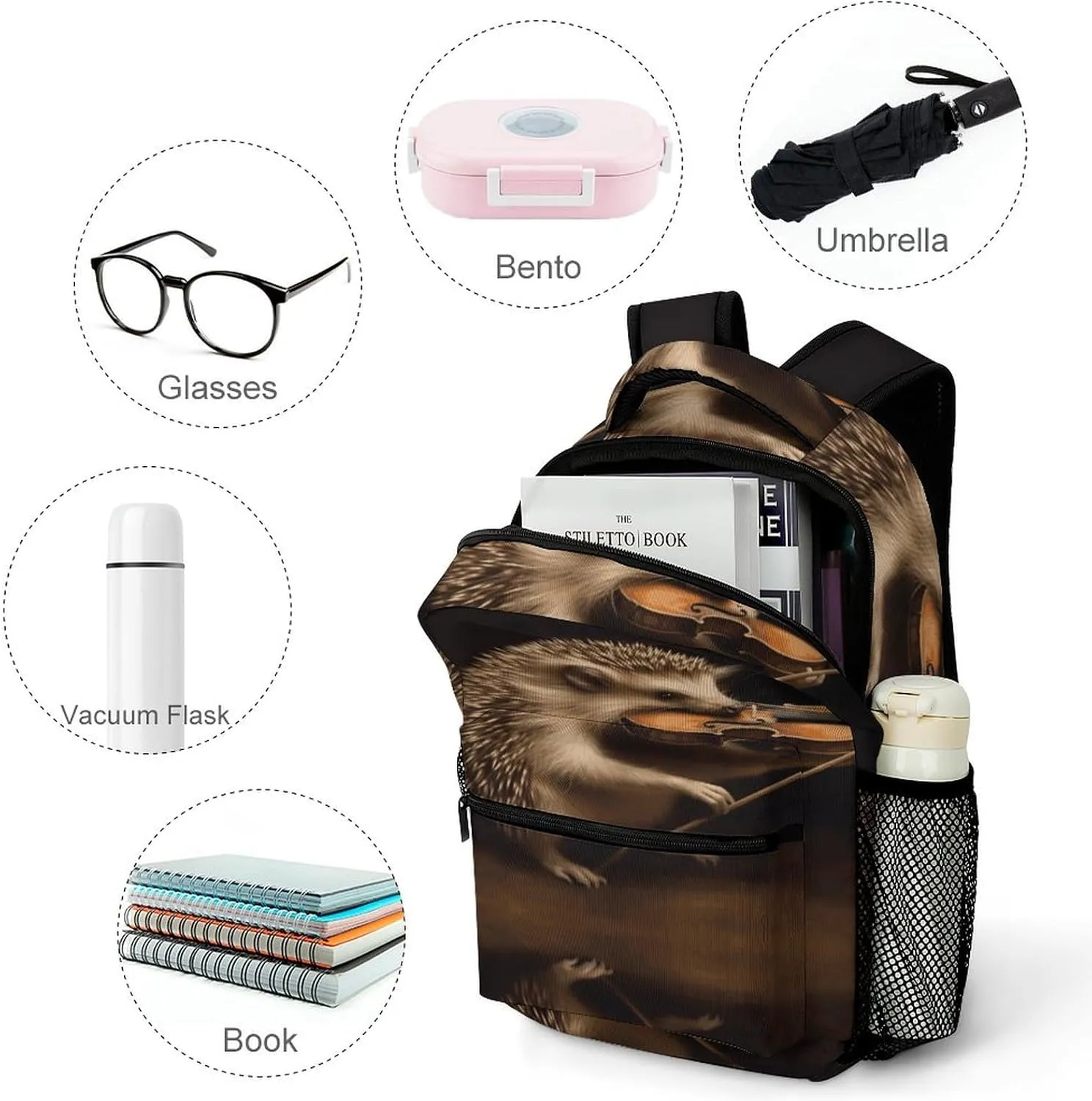 Small Backpacks Personalized Animal Hedgehog Music Violin Printing Travel Bag Lightweight Travel Backpack For Women Men
