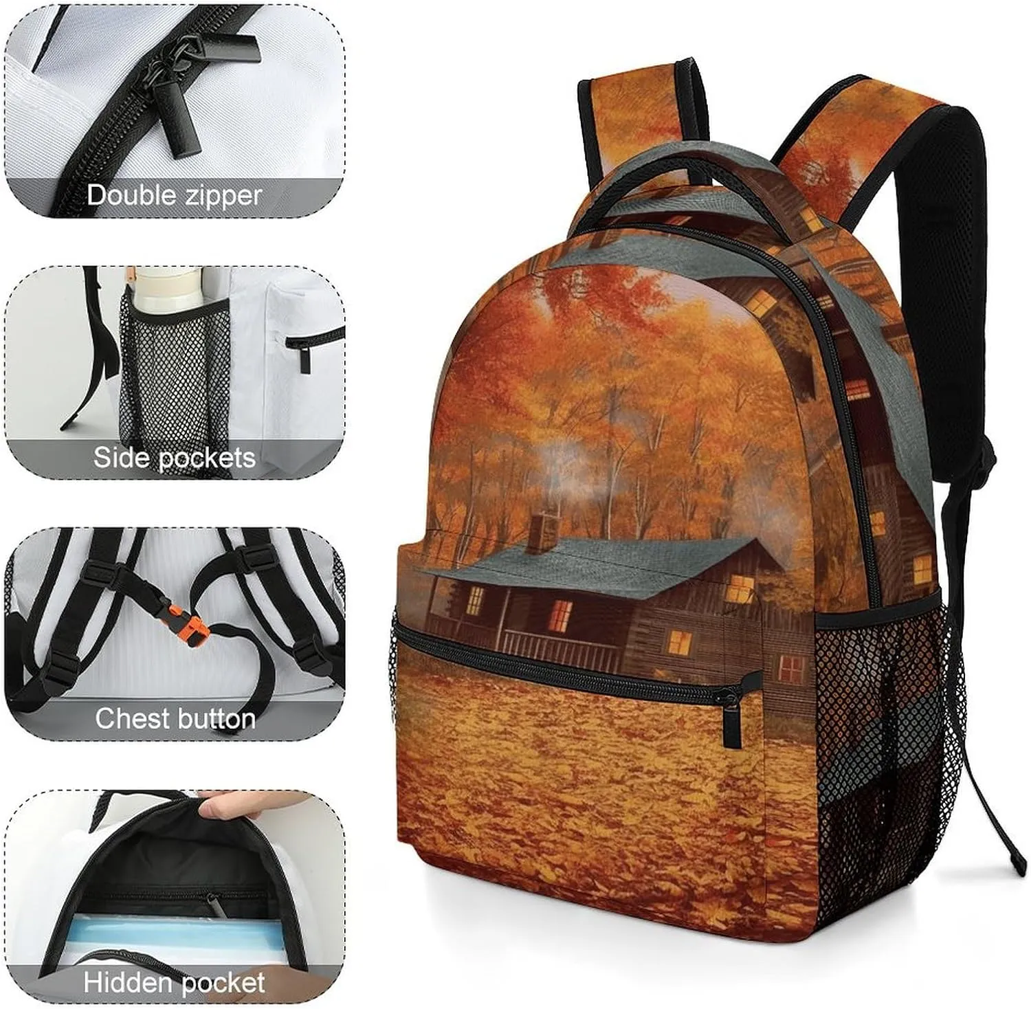 Small Backpacks Personalized Autumn Woods Cabin Printing Travel Bag Lightweight Travel Backpack For Women Men