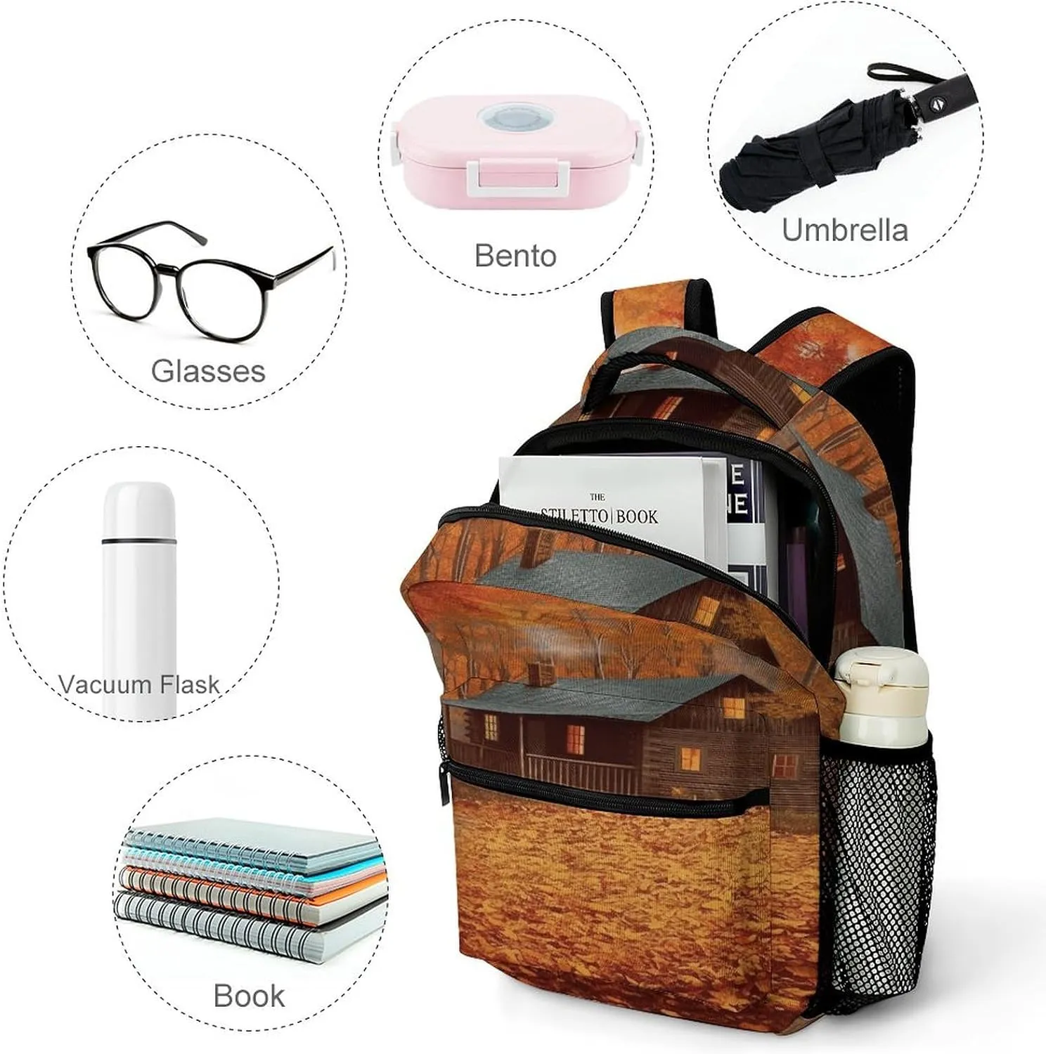 Small Backpacks Personalized Autumn Woods Cabin Printing Travel Bag Lightweight Travel Backpack For Women Men