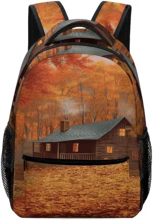Small Backpacks Personalized Autumn Woods Cabin Printing Travel Bag Lightweight Travel Backpack For Women Men