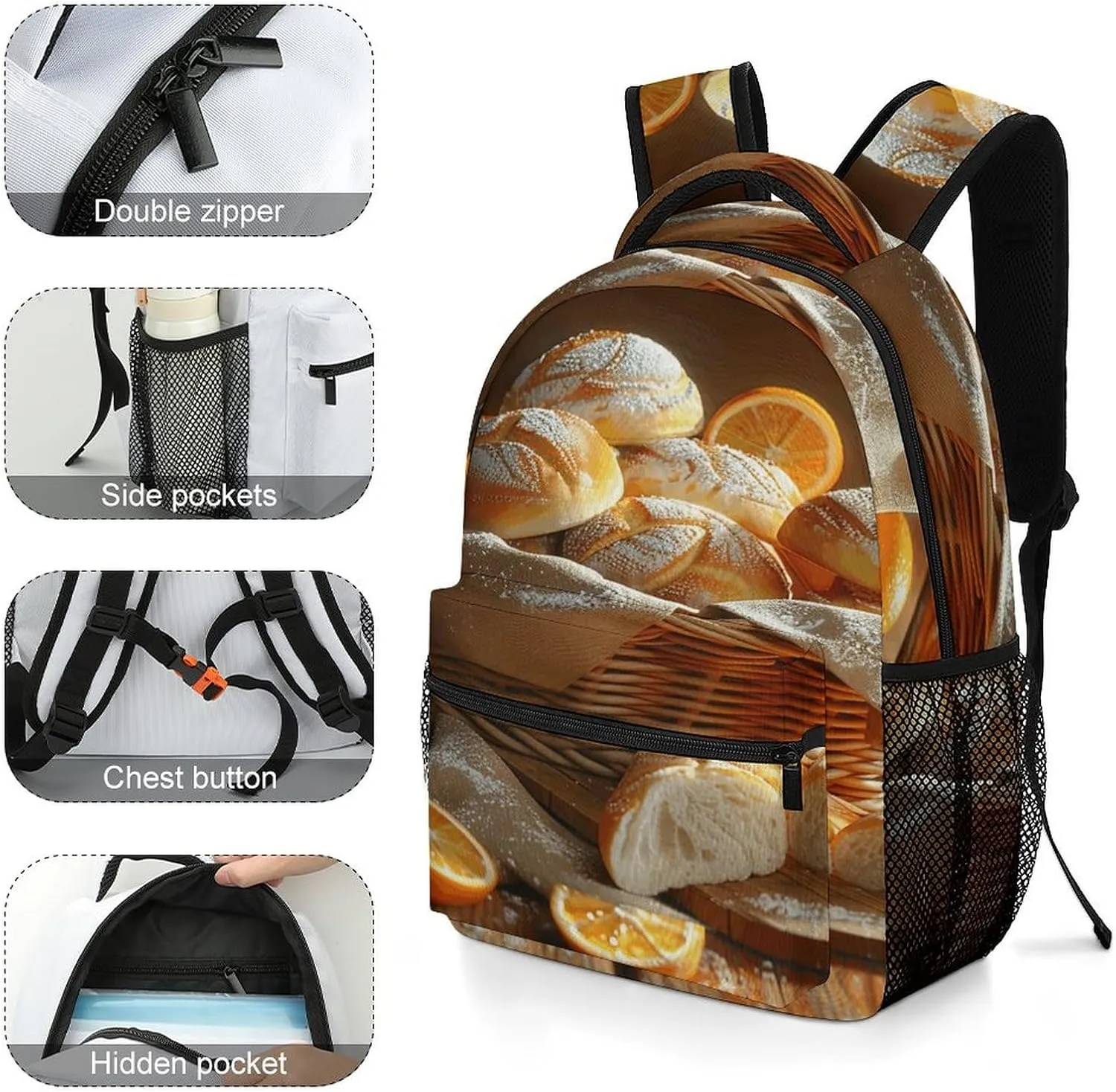 Small Backpacks Personalized Basket of Bread Printing Travel Bag Lightweight Travel Backpack For Women Men