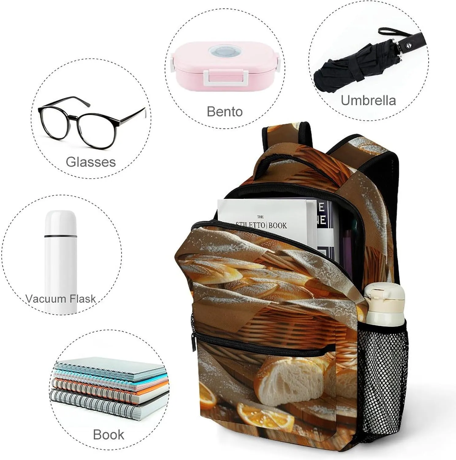 Small Backpacks Personalized Basket of Bread Printing Travel Bag Lightweight Travel Backpack For Women Men