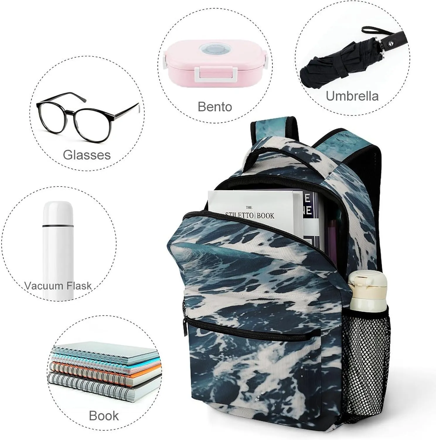 Small Backpacks Personalized Beach Foam Wave Printing Travel Bag Lightweight Travel Backpack For Women Men