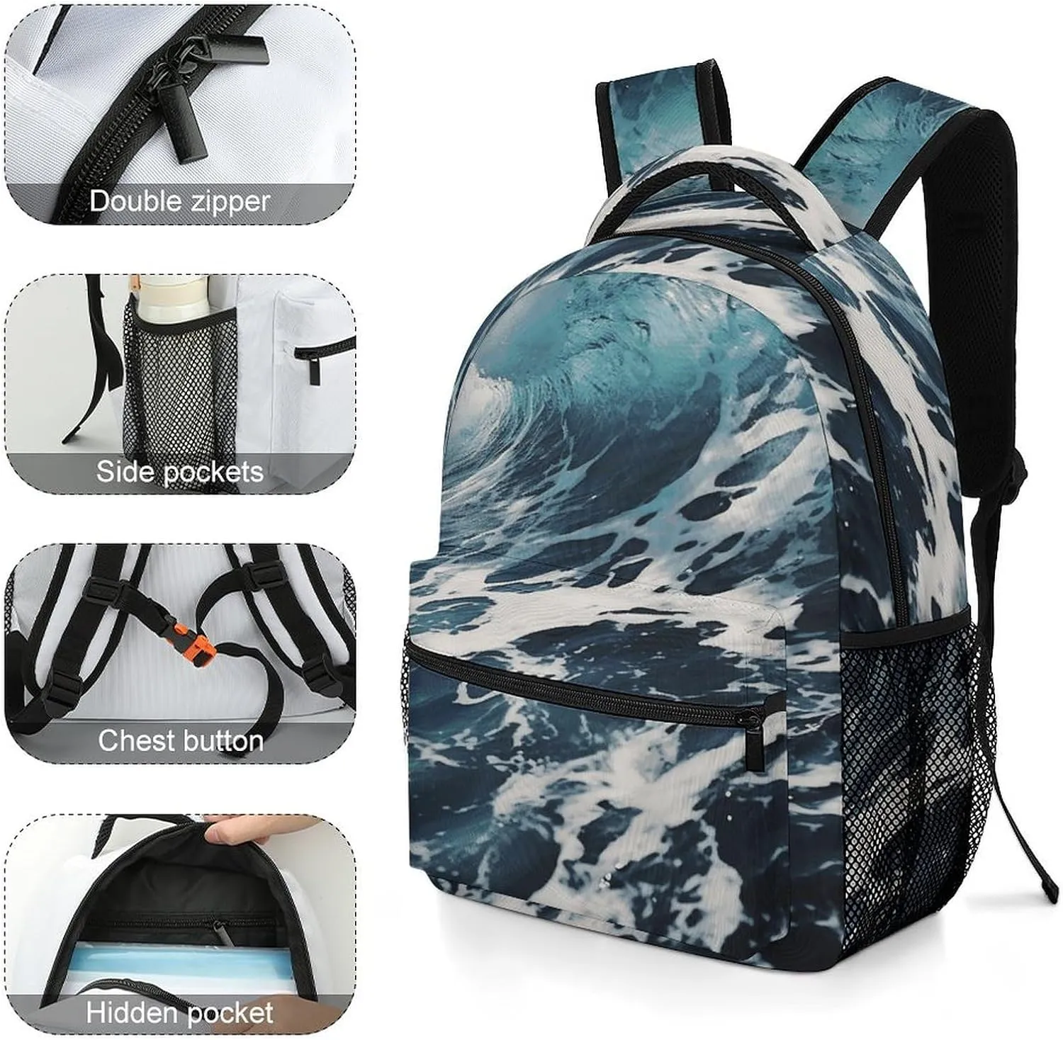 Small Backpacks Personalized Beach Foam Wave Printing Travel Bag Lightweight Travel Backpack For Women Men