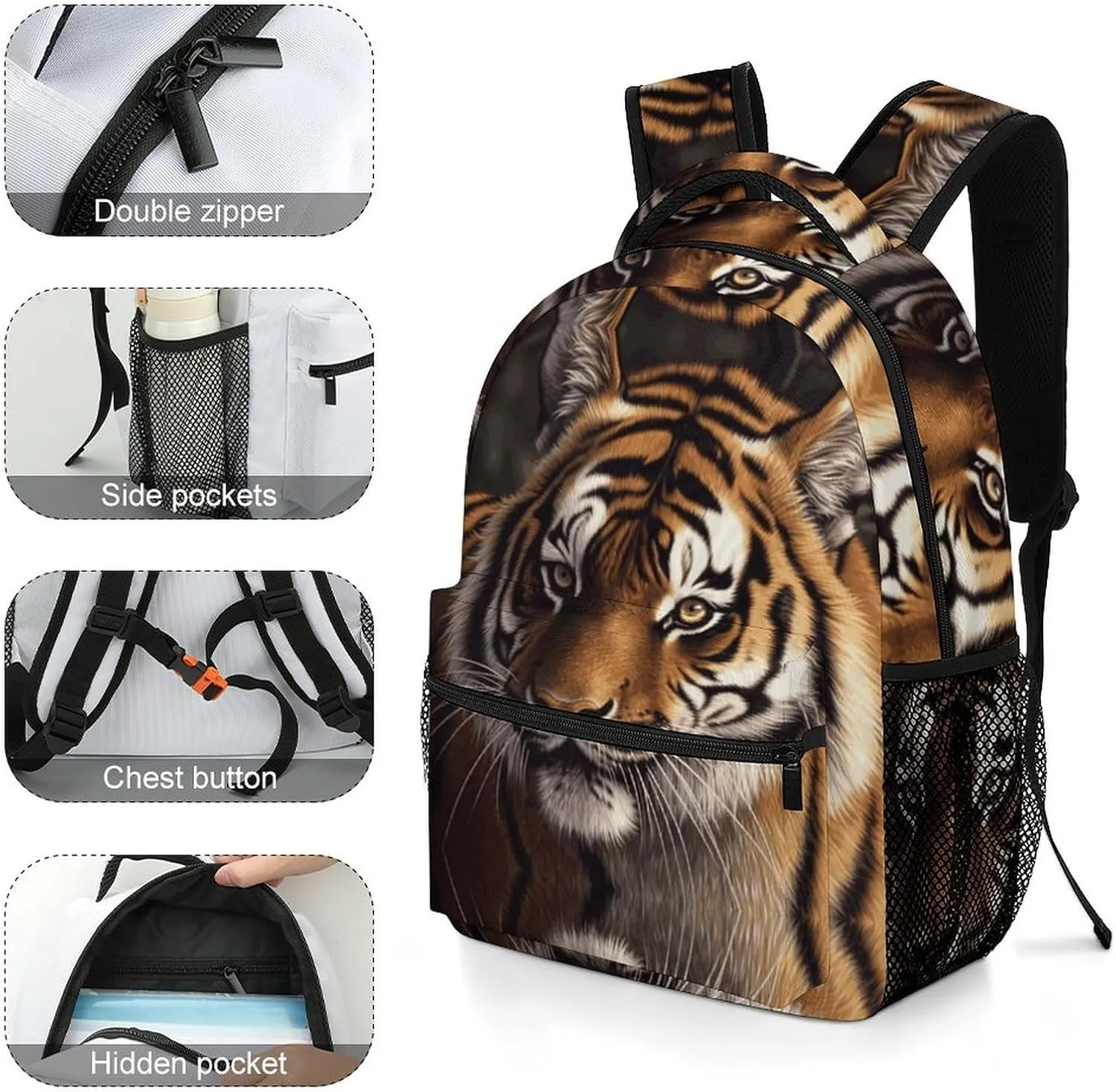 Small Backpacks Personalized Bengal Tiger Printing Travel Bag Lightweight Travel Backpack For Women Men