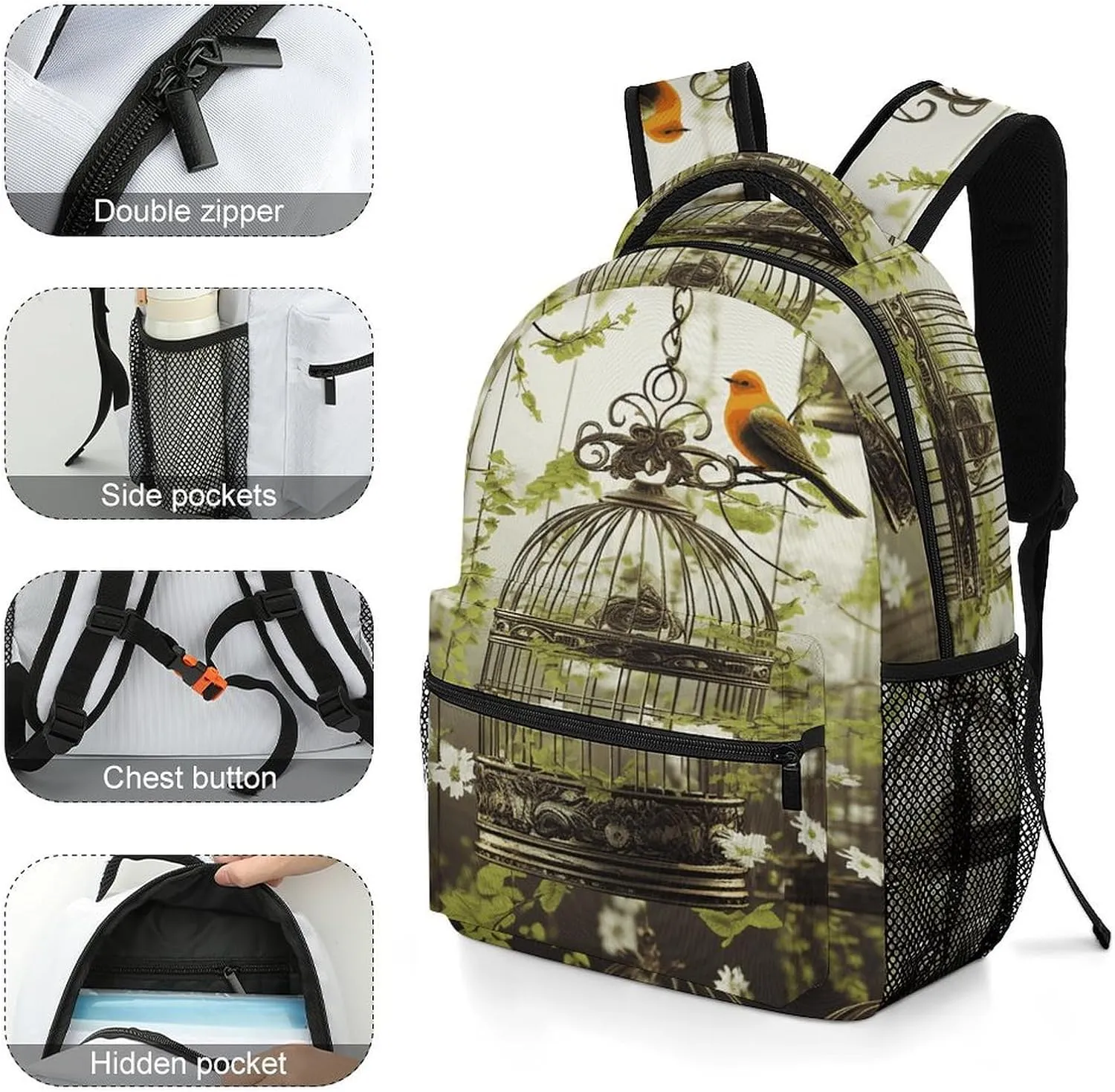 Small Backpacks Personalized Birdcages And Birds Printing Travel Bag Lightweight Travel Backpack For Women Men