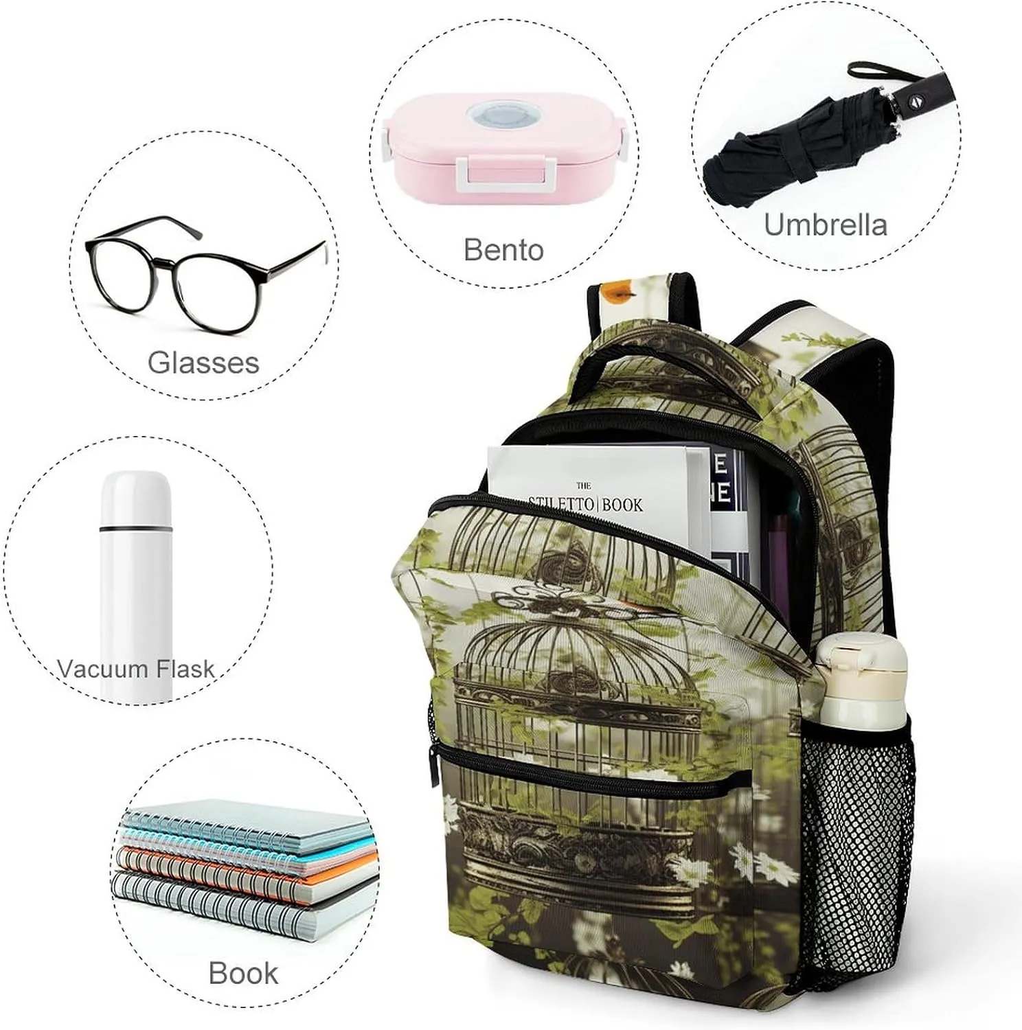 Small Backpacks Personalized Birdcages And Birds Printing Travel Bag Lightweight Travel Backpack For Women Men