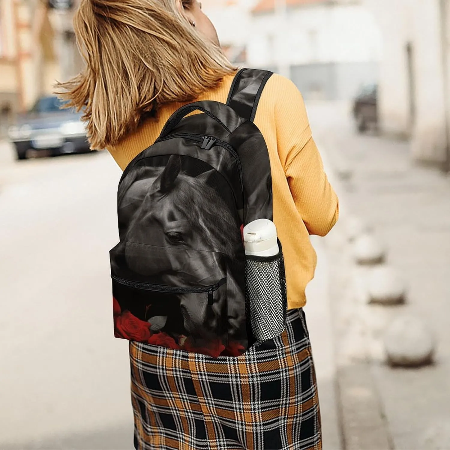 Small Backpacks Personalized Black Horse Printing Travel Bag Lightweight Travel Backpack For Women Men