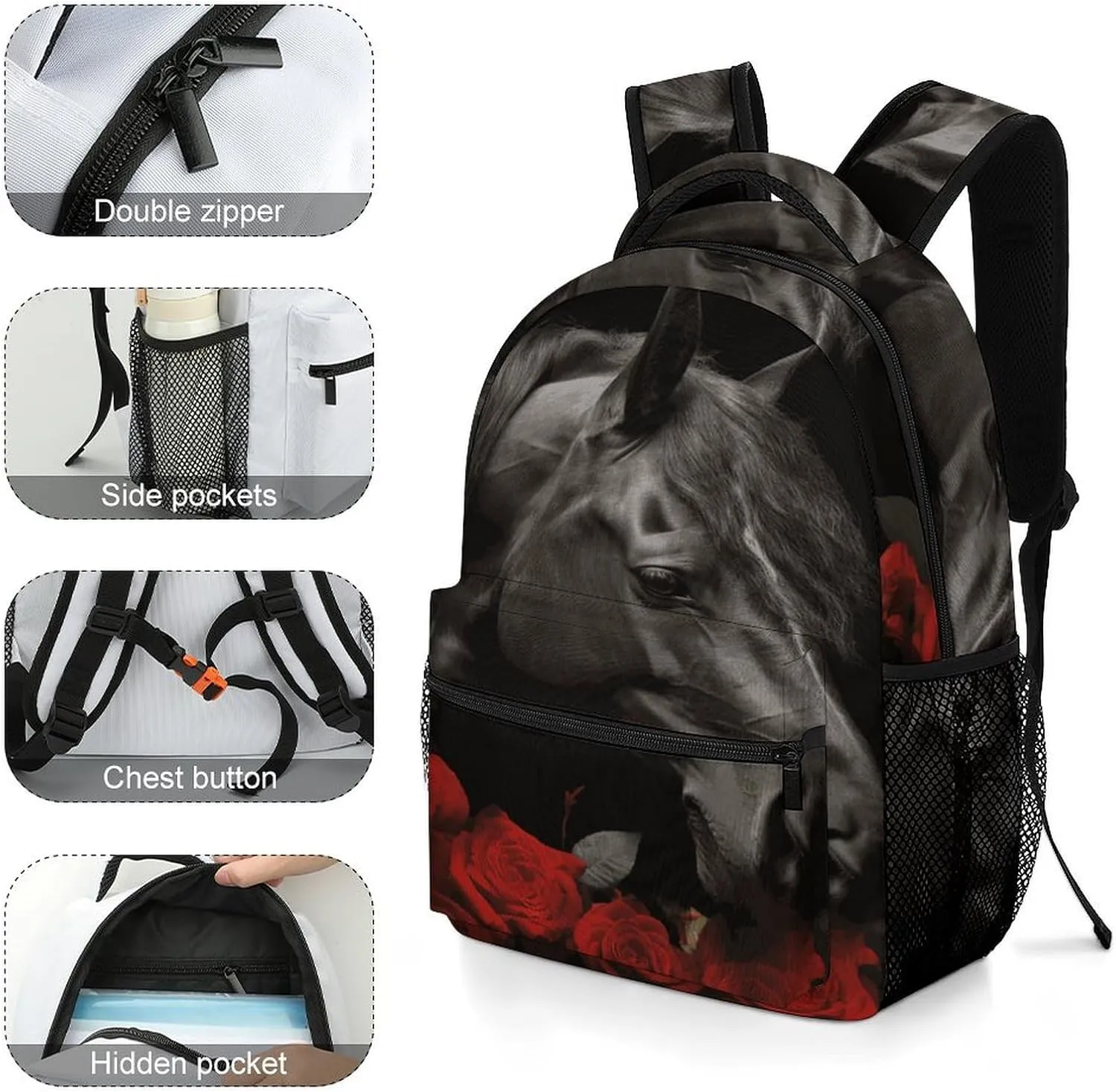 Small Backpacks Personalized Black Horse Printing Travel Bag Lightweight Travel Backpack For Women Men