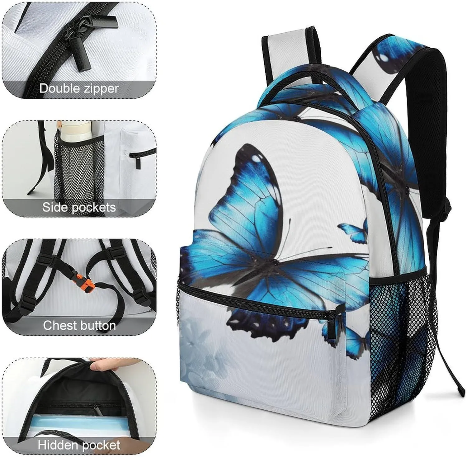 Small Backpacks Personalized Blue Butterfly Printing Travel Bag Lightweight Travel Backpack For Women Men