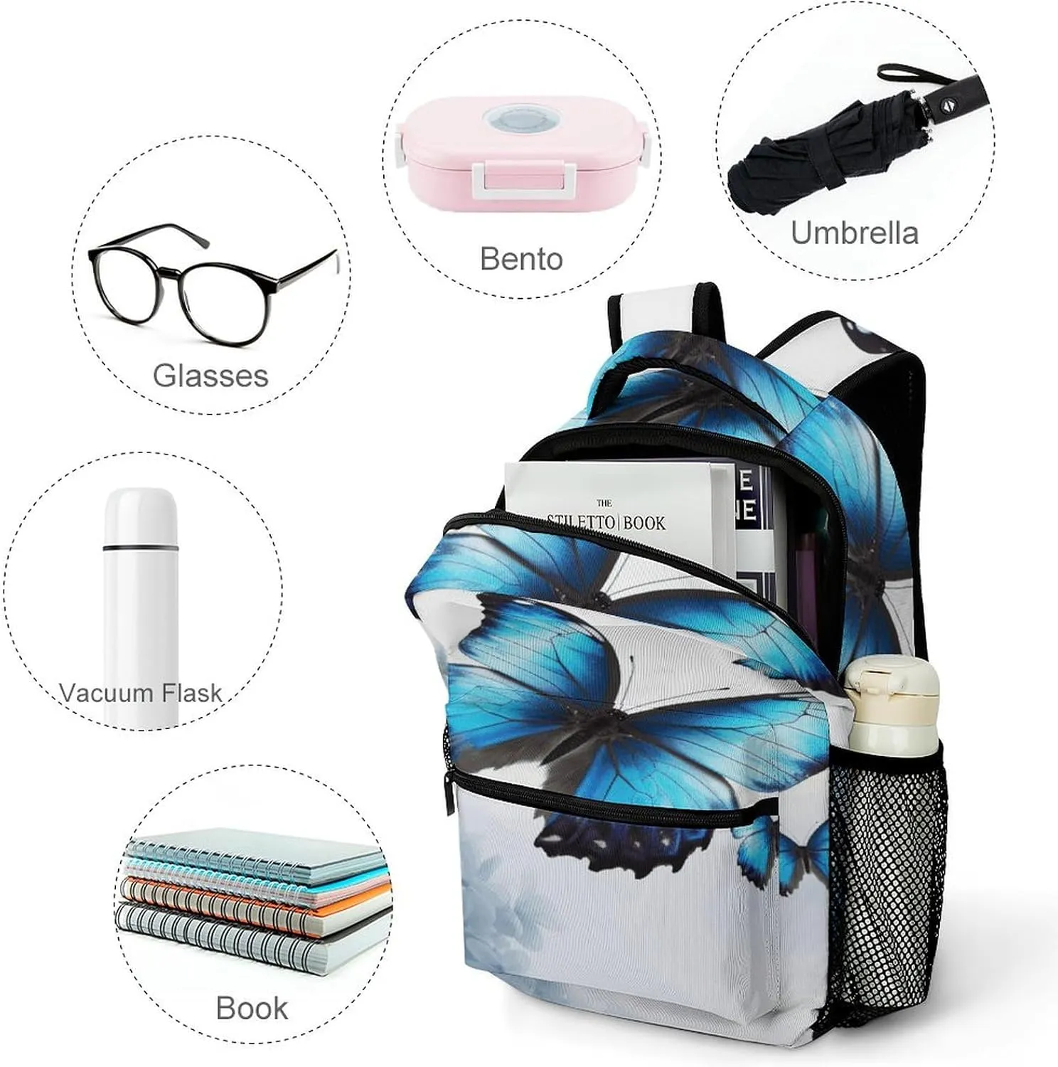 Small Backpacks Personalized Blue Butterfly Printing Travel Bag Lightweight Travel Backpack For Women Men