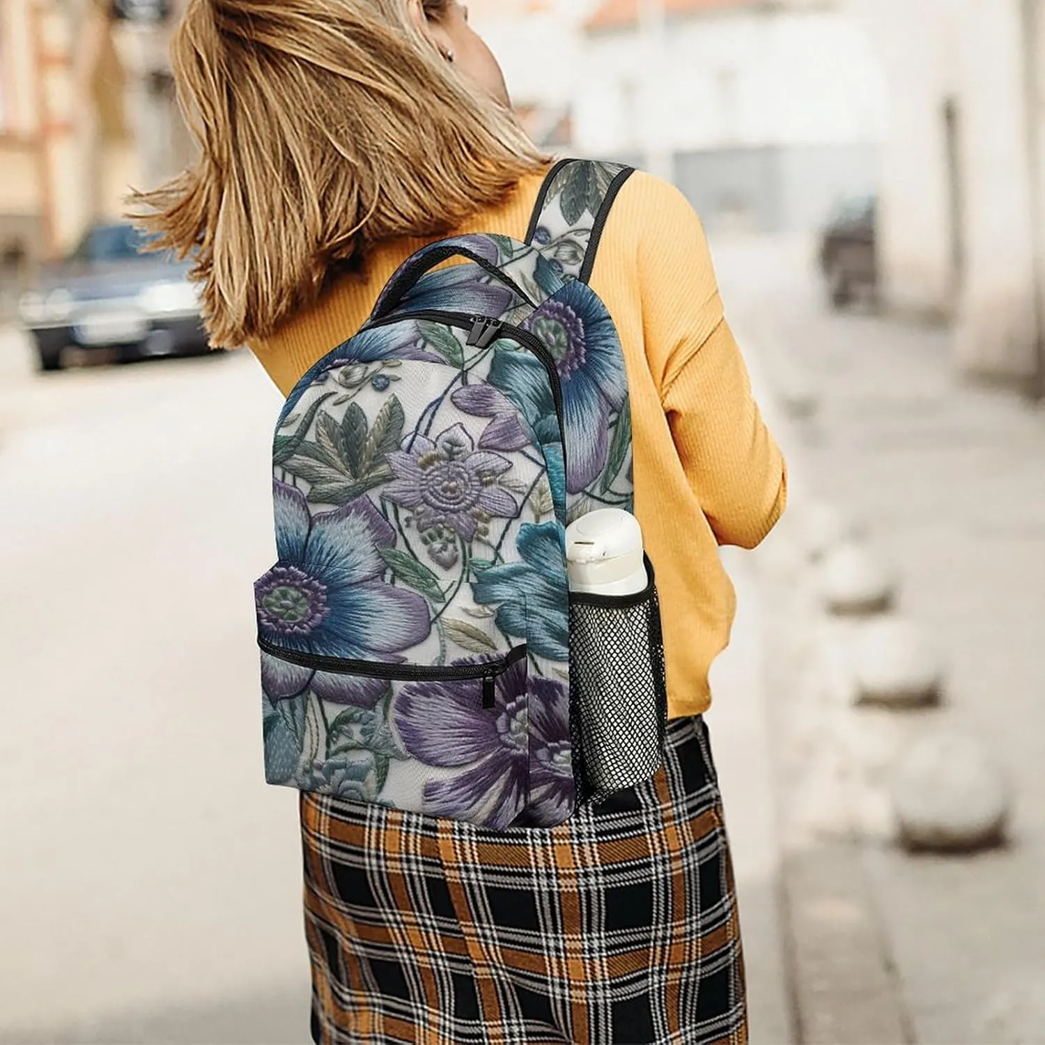 Small Backpacks Personalized Blue Purple Flowers Printing Travel Bag Lightweight Travel Backpack For Women Men