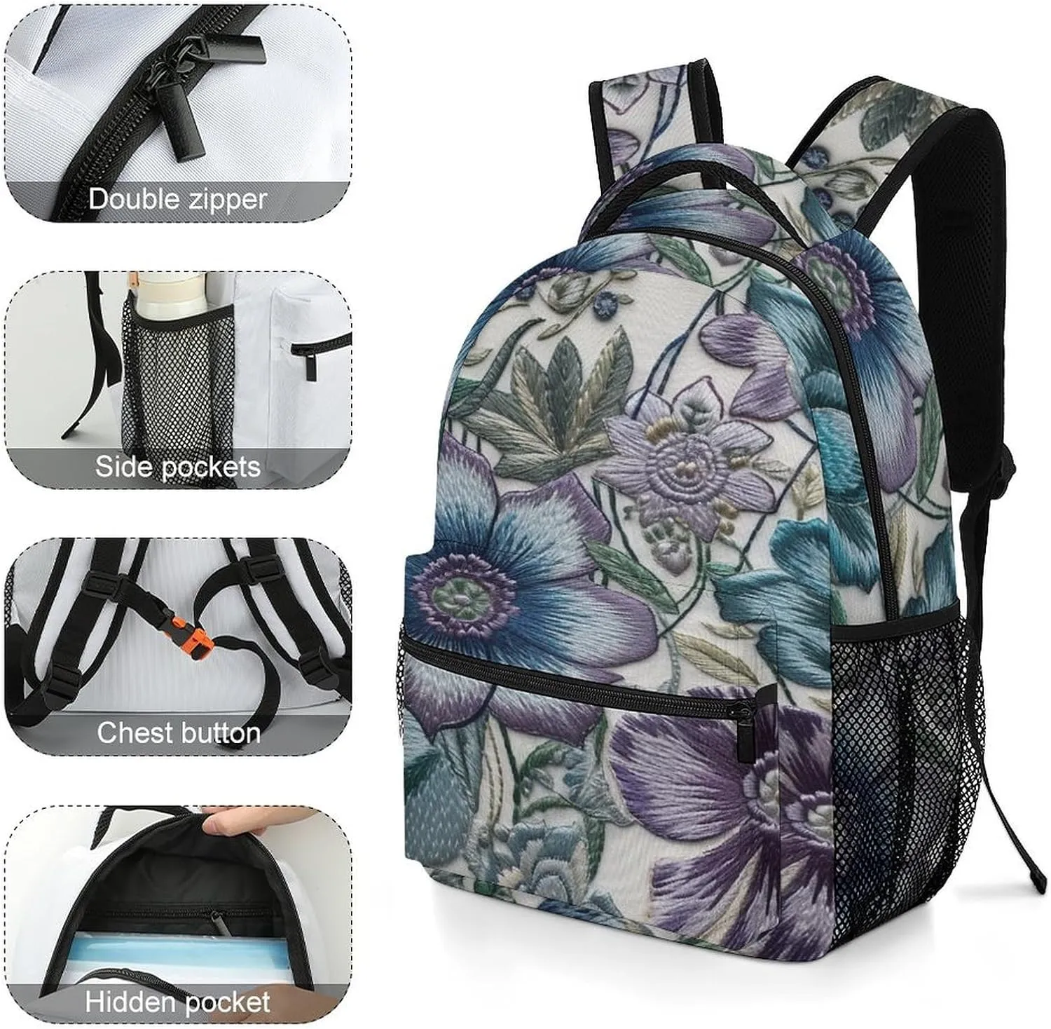 Small Backpacks Personalized Blue Purple Flowers Printing Travel Bag Lightweight Travel Backpack For Women Men