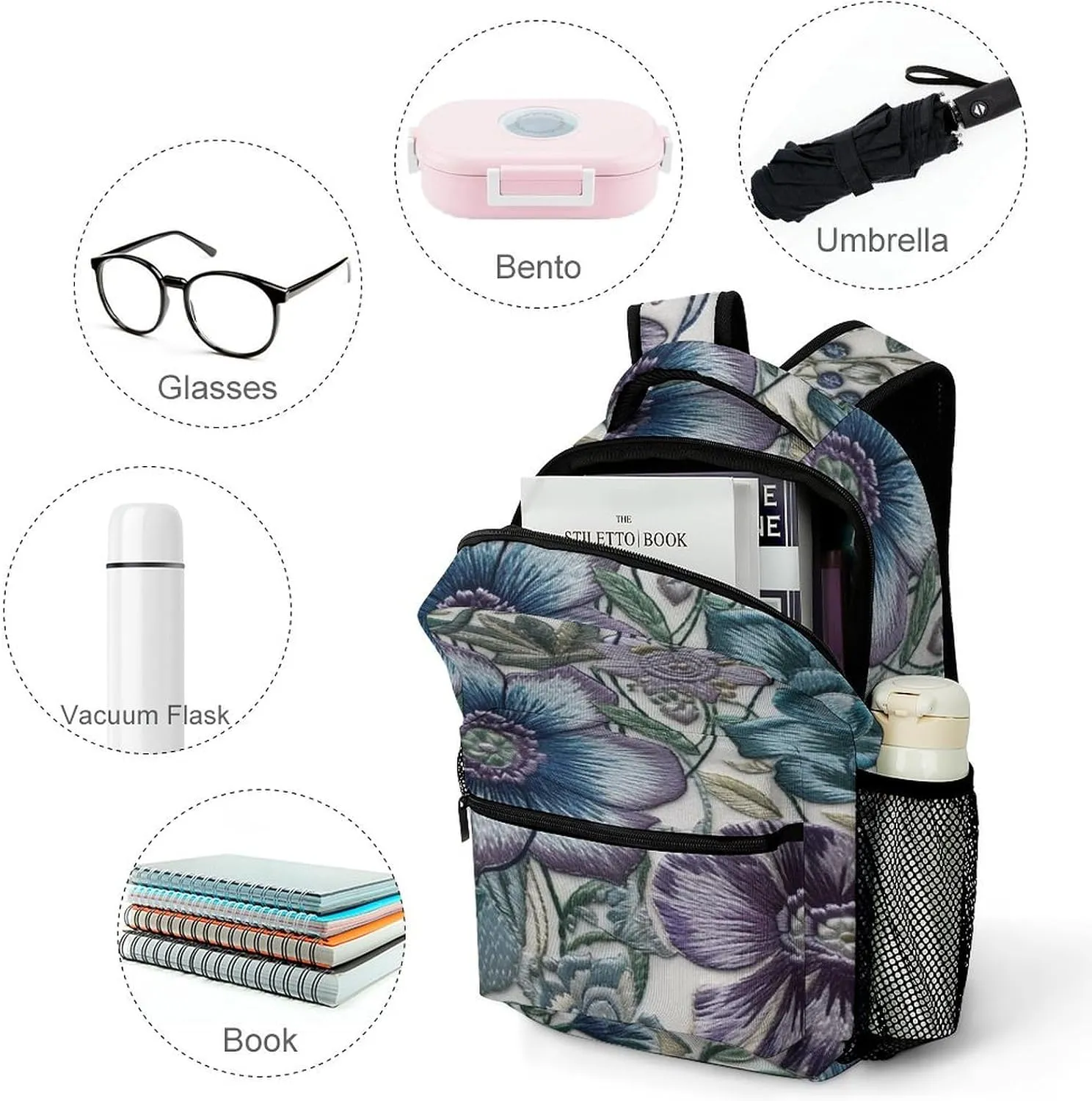 Small Backpacks Personalized Blue Purple Flowers Printing Travel Bag Lightweight Travel Backpack For Women Men