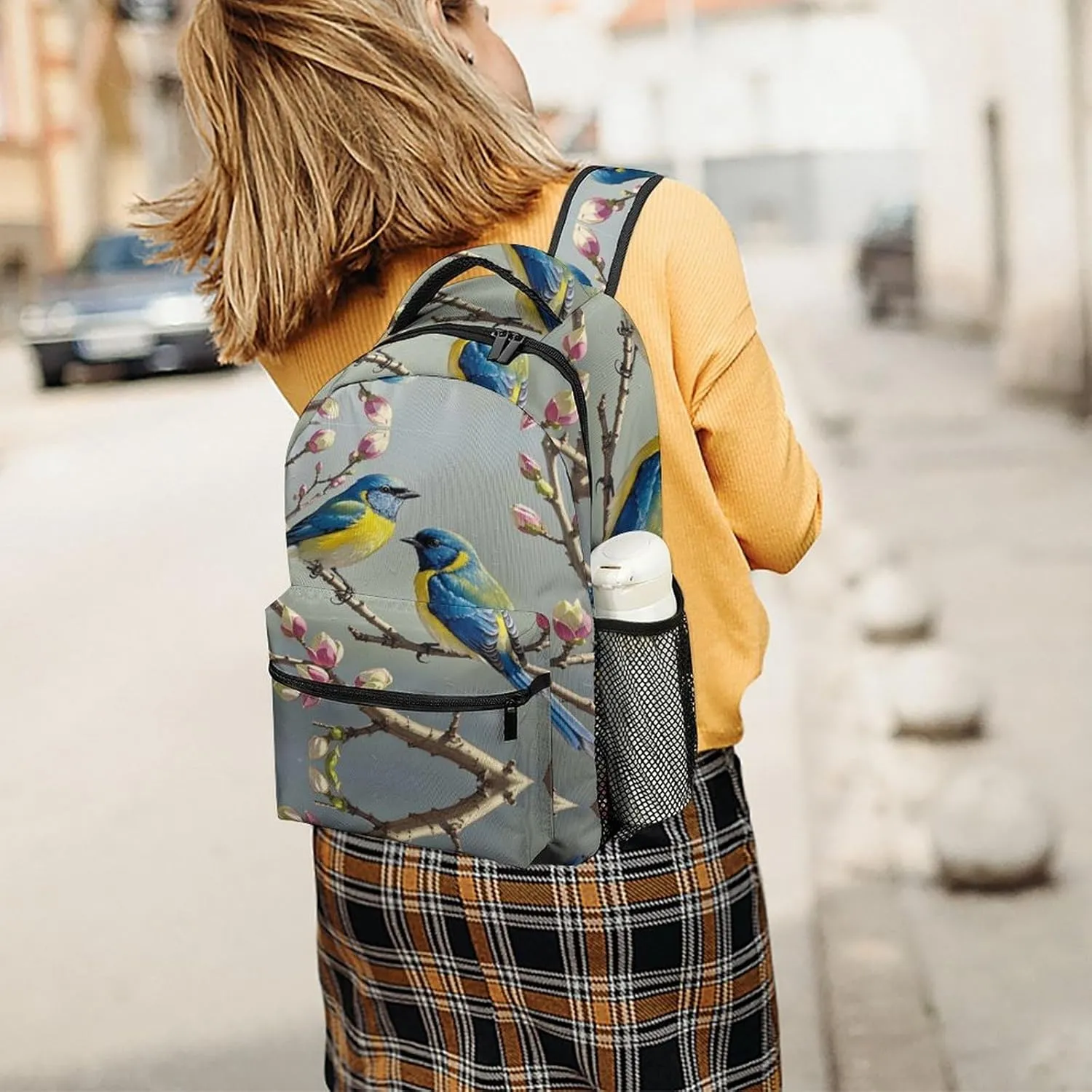 Small Backpacks Personalized Blue Yellow Bird Printing Travel Bag Lightweight Travel Backpack For Women Men