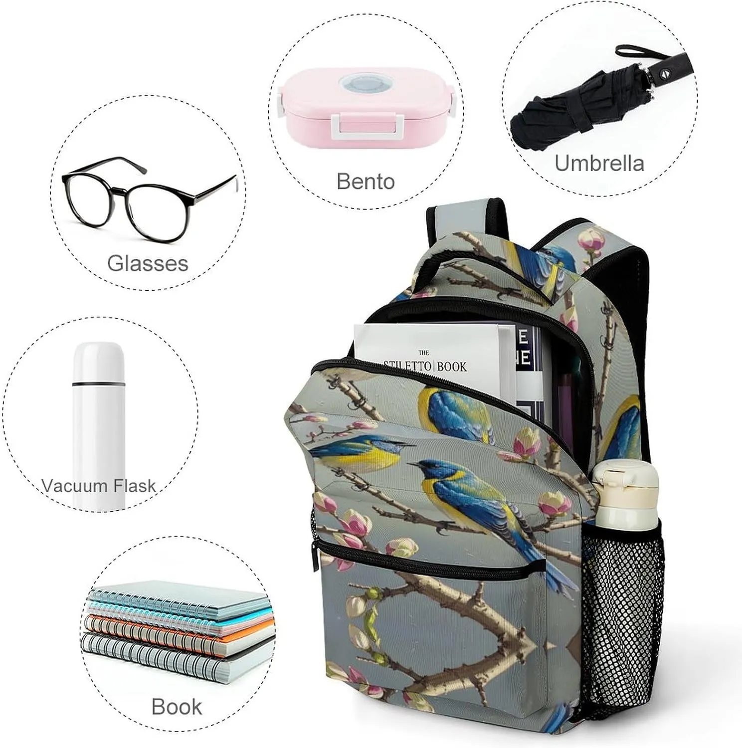 Small Backpacks Personalized Blue Yellow Bird Printing Travel Bag Lightweight Travel Backpack For Women Men