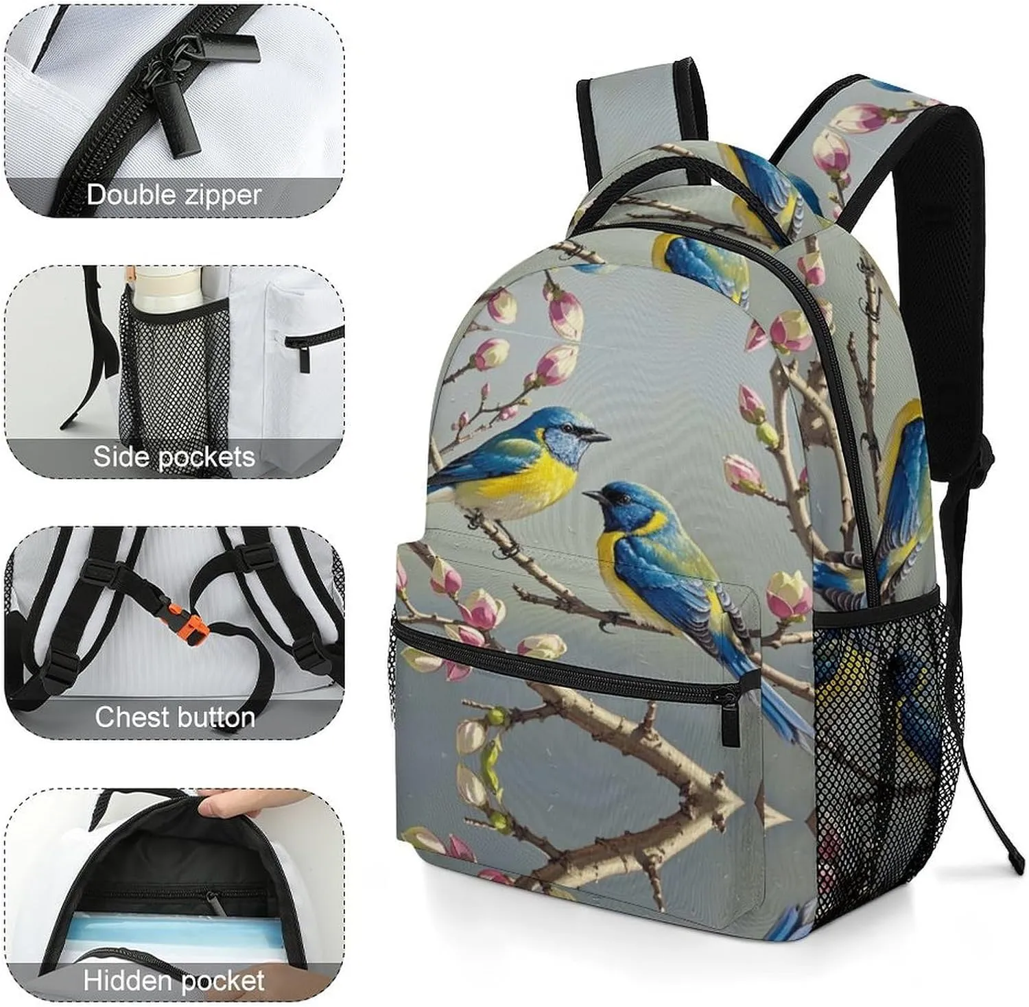 Small Backpacks Personalized Blue Yellow Bird Printing Travel Bag Lightweight Travel Backpack For Women Men