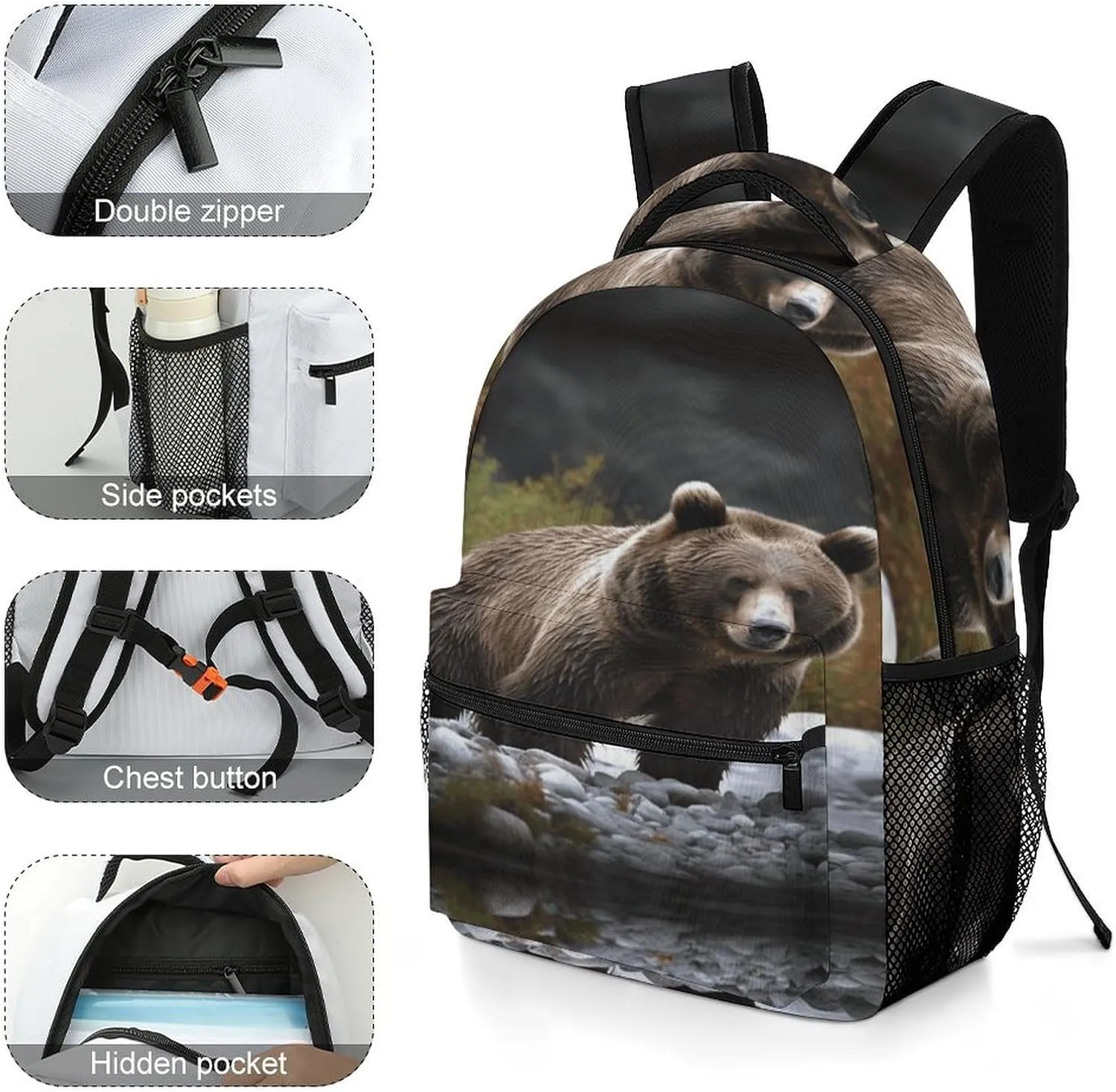 Small Backpacks Personalized Brown Bear Printing Travel Bag Lightweight Travel Backpack For Women Men