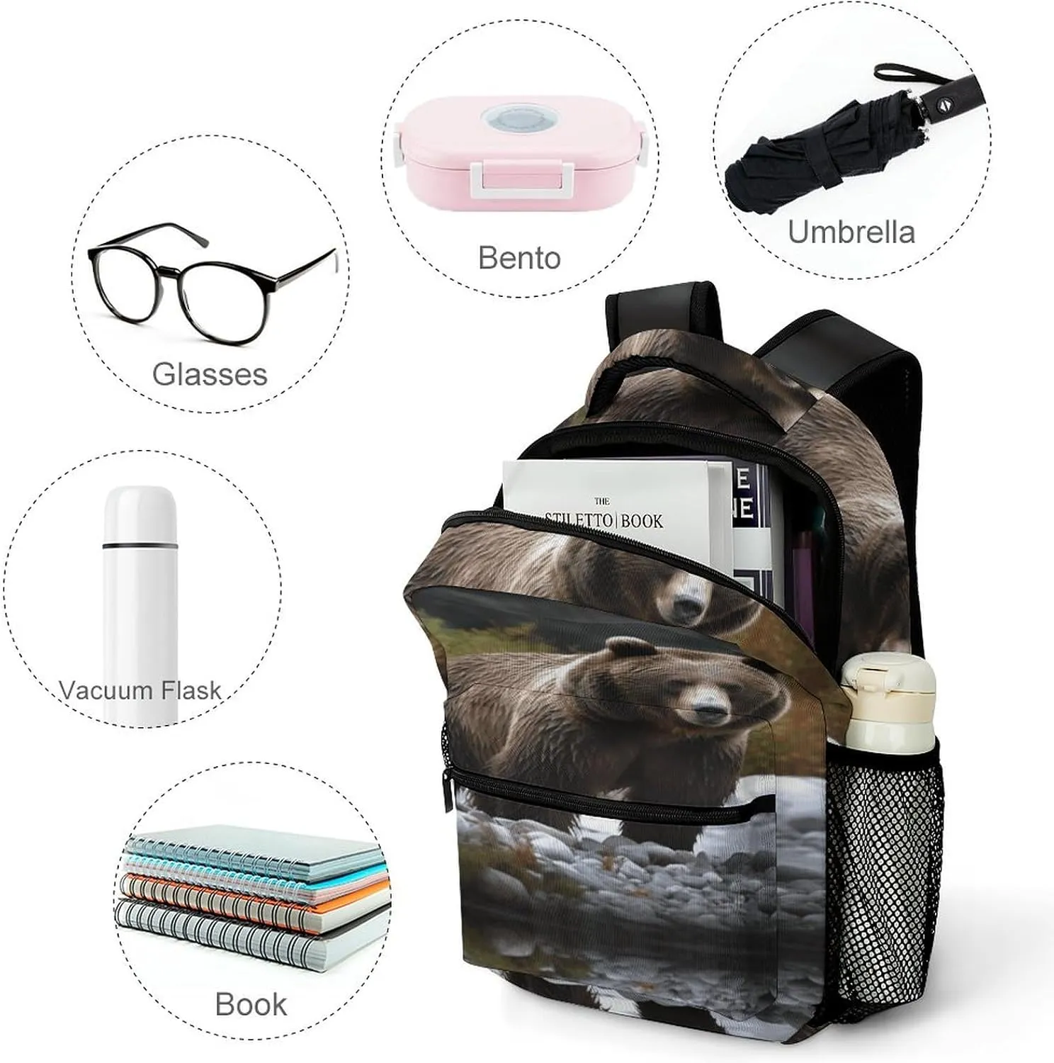 Small Backpacks Personalized Brown Bear Printing Travel Bag Lightweight Travel Backpack For Women Men
