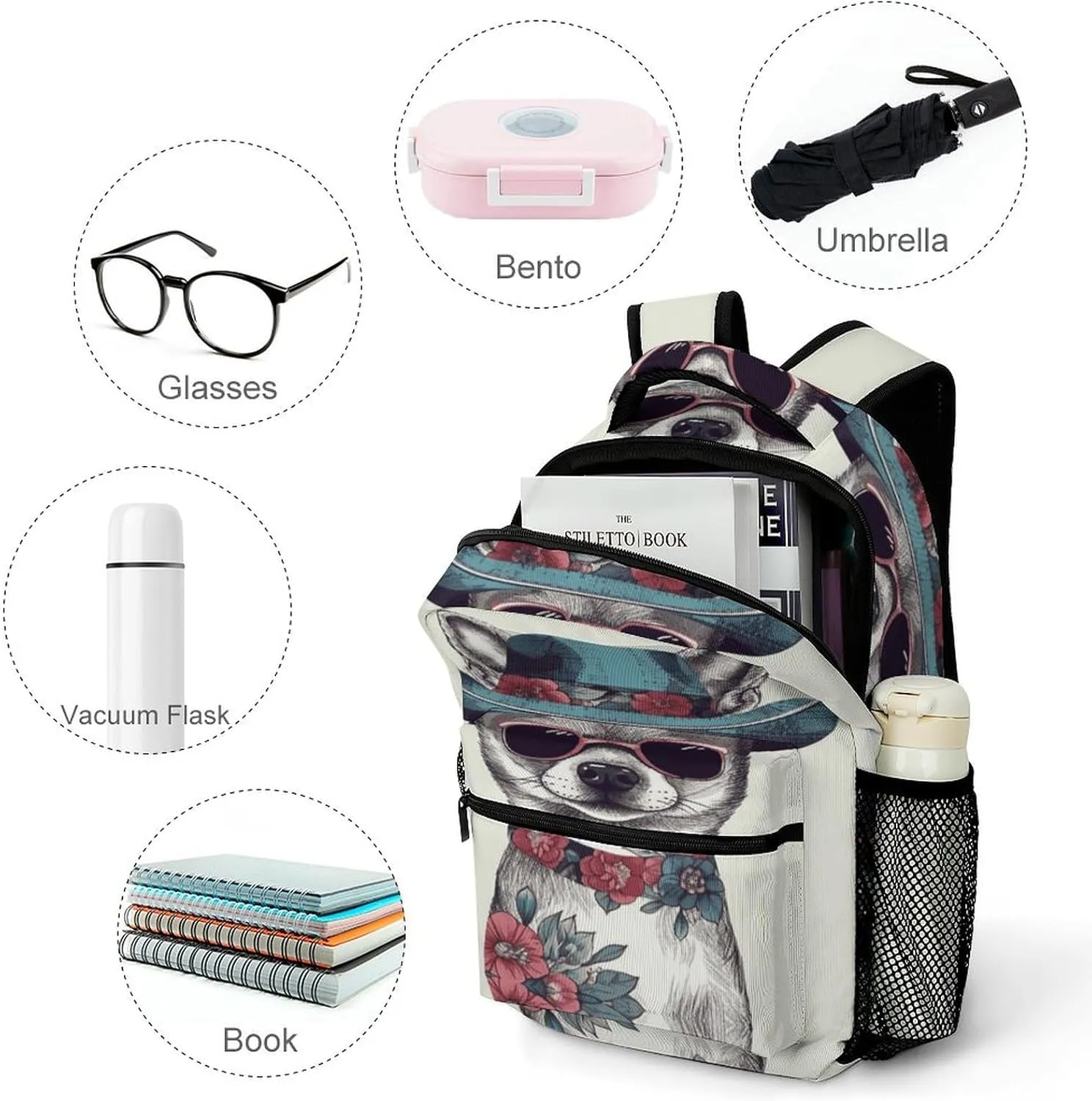 Small Backpacks Personalized Chihuahua Dog Wearing Hat Printing Travel Bag Lightweight Travel Backpack For Women Men