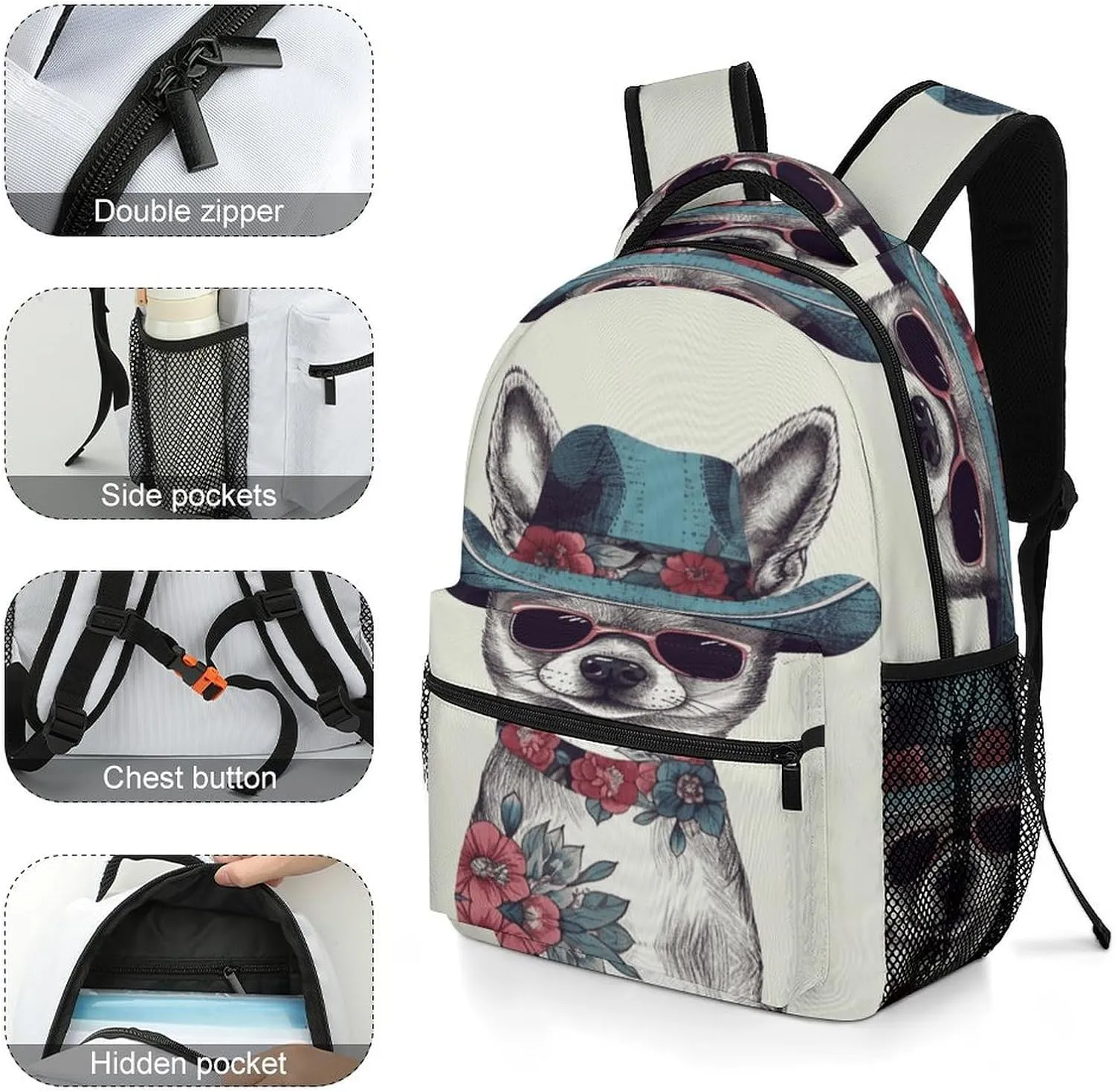 Small Backpacks Personalized Chihuahua Dog Wearing Hat Printing Travel Bag Lightweight Travel Backpack For Women Men