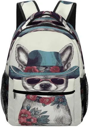 Small Backpacks Personalized Chihuahua Dog Wearing Hat Printing Travel Bag Lightweight Travel Backpack For Women Men