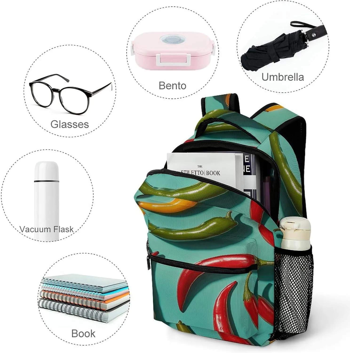 Small Backpacks Personalized Chili Pepper Image Printing Travel Bag Lightweight Travel Backpack For Women Men