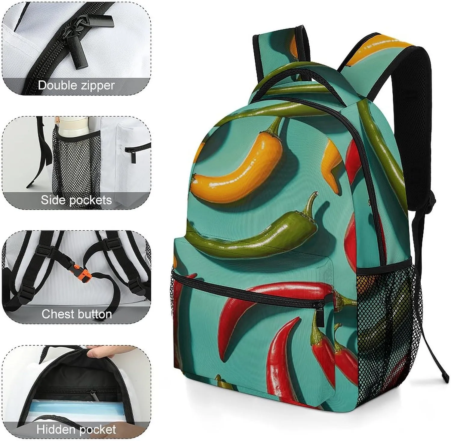 Small Backpacks Personalized Chili Pepper Image Printing Travel Bag Lightweight Travel Backpack For Women Men