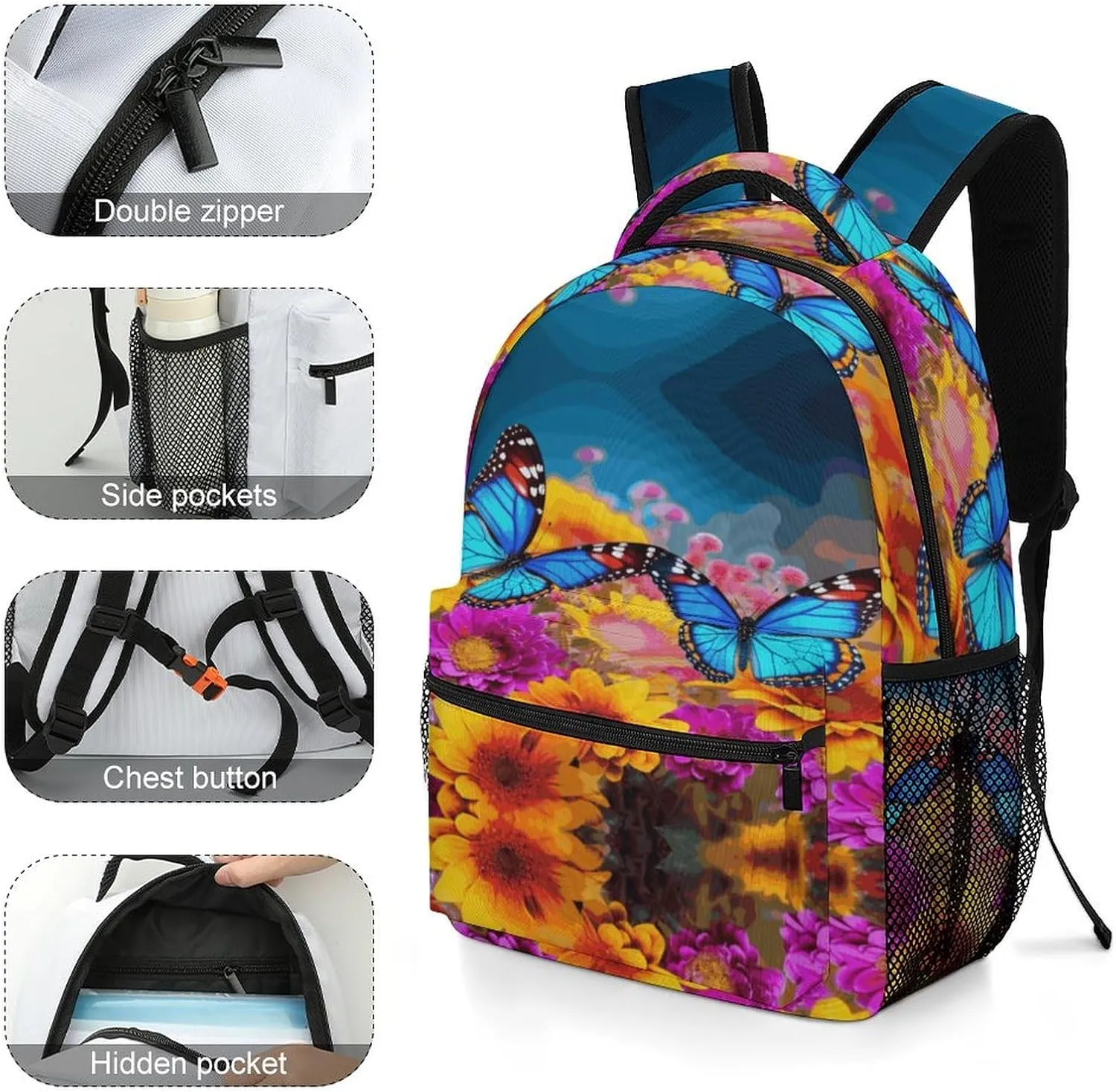 Small Backpacks Personalized Colorful Butterfly Flower Printing Travel Bag Lightweight Travel Backpack For Women Men