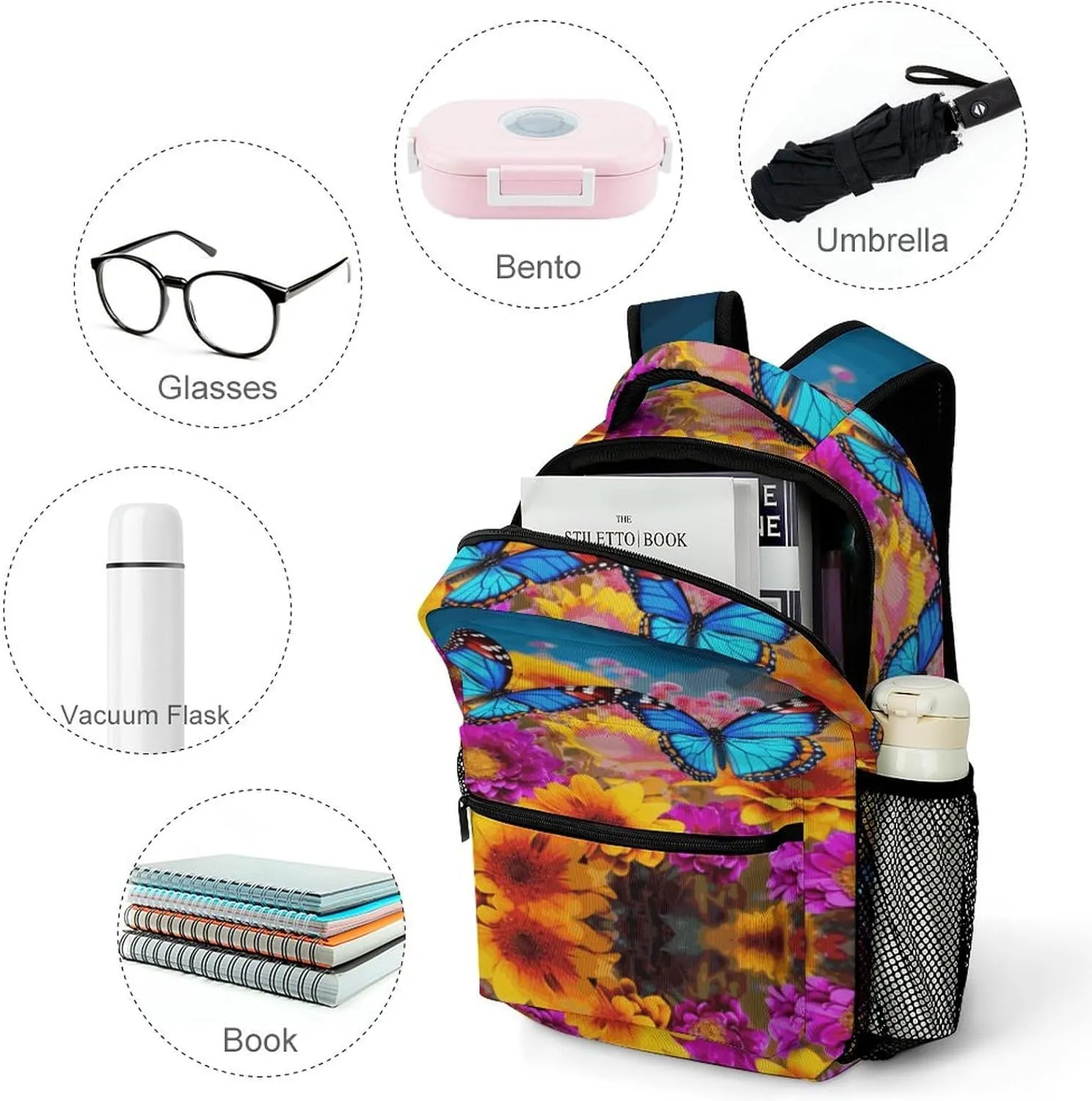 Small Backpacks Personalized Colorful Butterfly Flower Printing Travel Bag Lightweight Travel Backpack For Women Men
