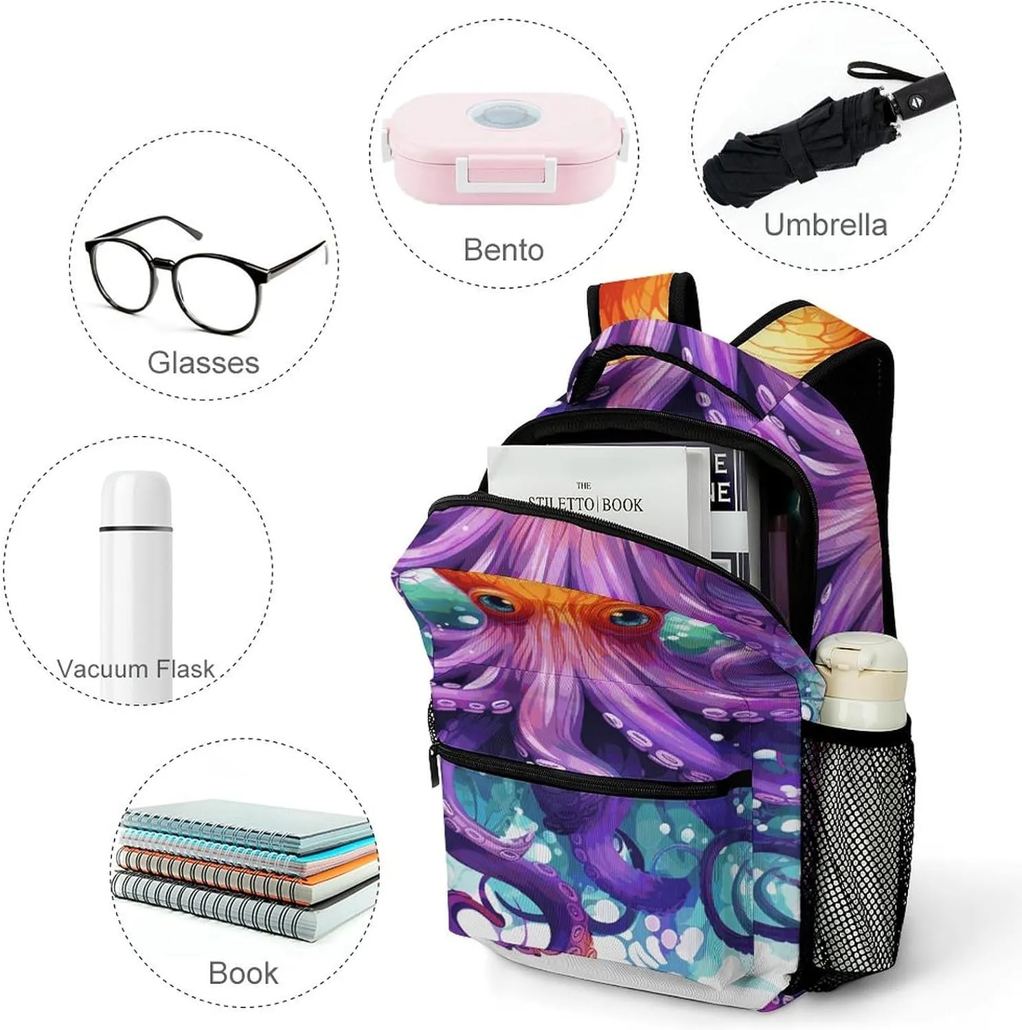 Small Backpacks Personalized Colorful Octopus Printing Travel Bag Lightweight Travel Backpack For Women Men