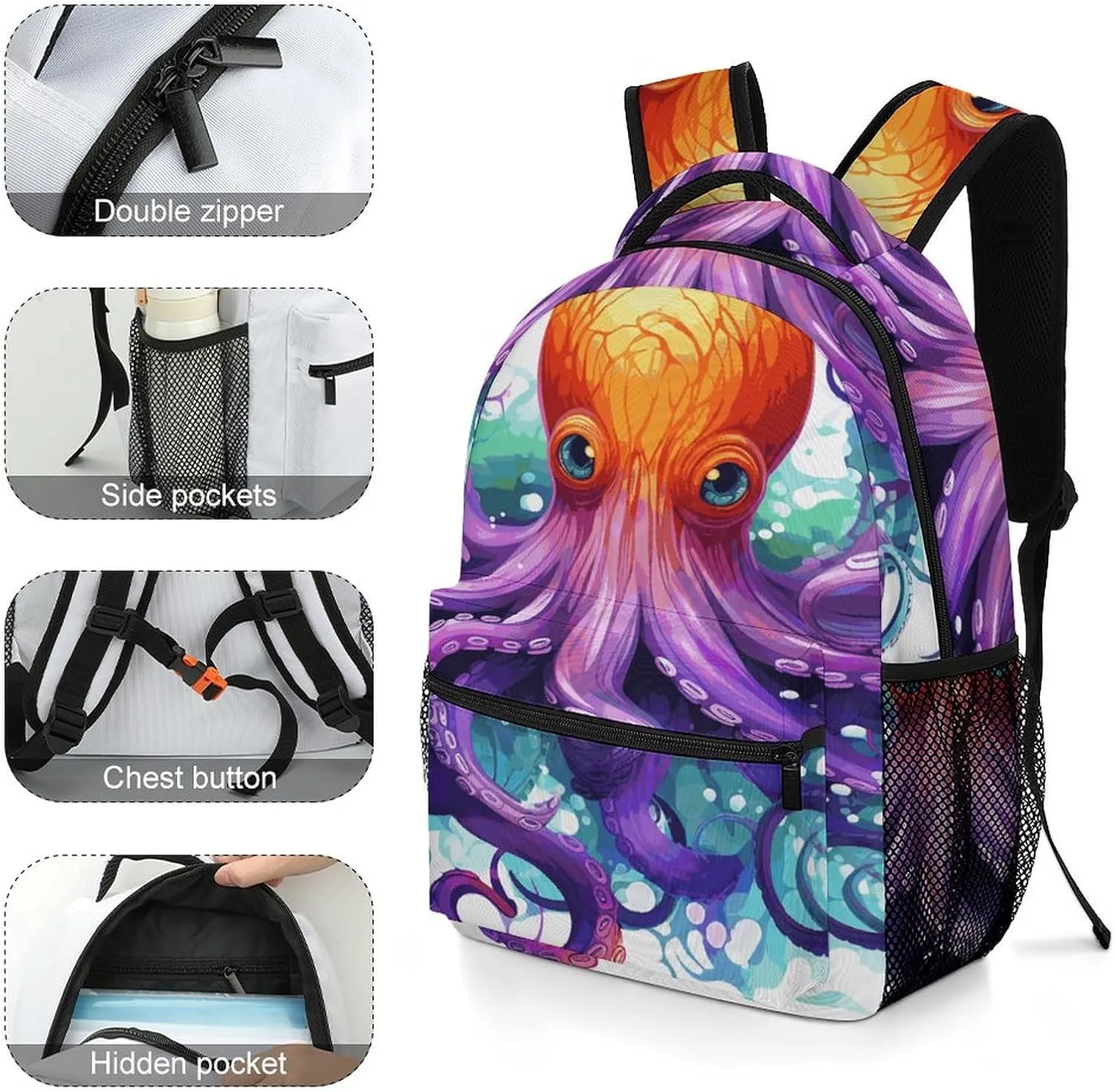 Small Backpacks Personalized Colorful Octopus Printing Travel Bag Lightweight Travel Backpack For Women Men