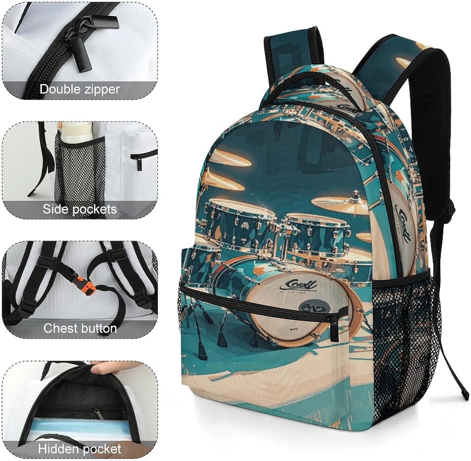 Small Backpacks Personalized Cool Drums Set Printing Travel Bag Lightweight Travel Backpack For Women Men