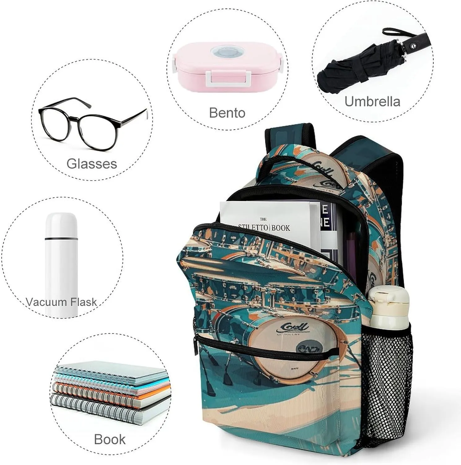 Small Backpacks Personalized Cool Drums Set Printing Travel Bag Lightweight Travel Backpack For Women Men