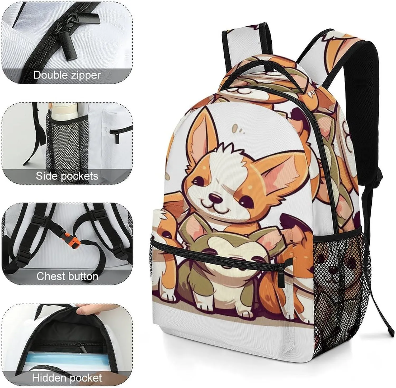 Small Backpacks Personalized Cute Corgi Puppy Printing Travel Bag Lightweight Travel Backpack For Women Men
