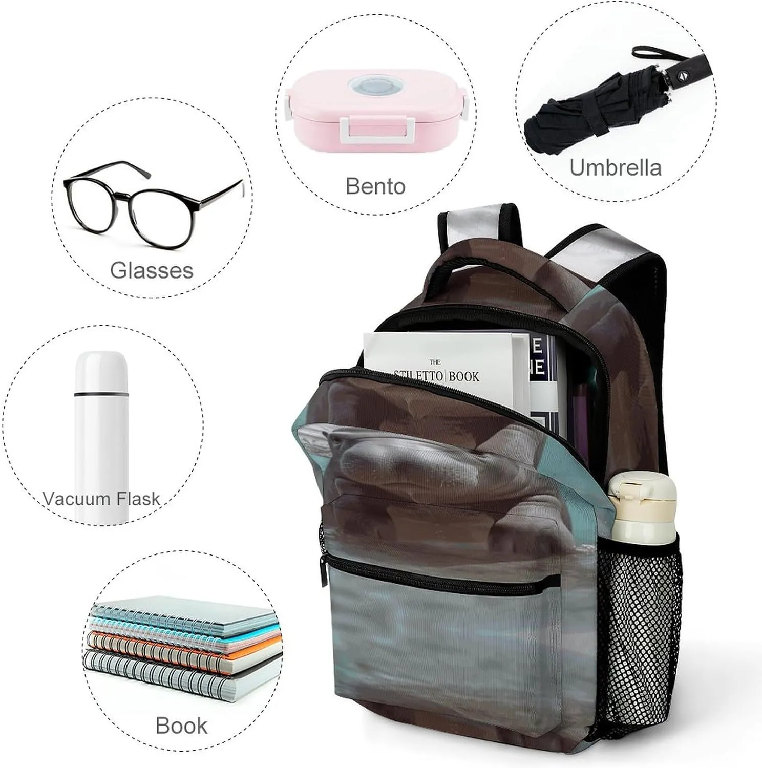 Small Backpacks Personalized Cute Hippo Printing Travel Bag Lightweight Travel Backpack For Women Men